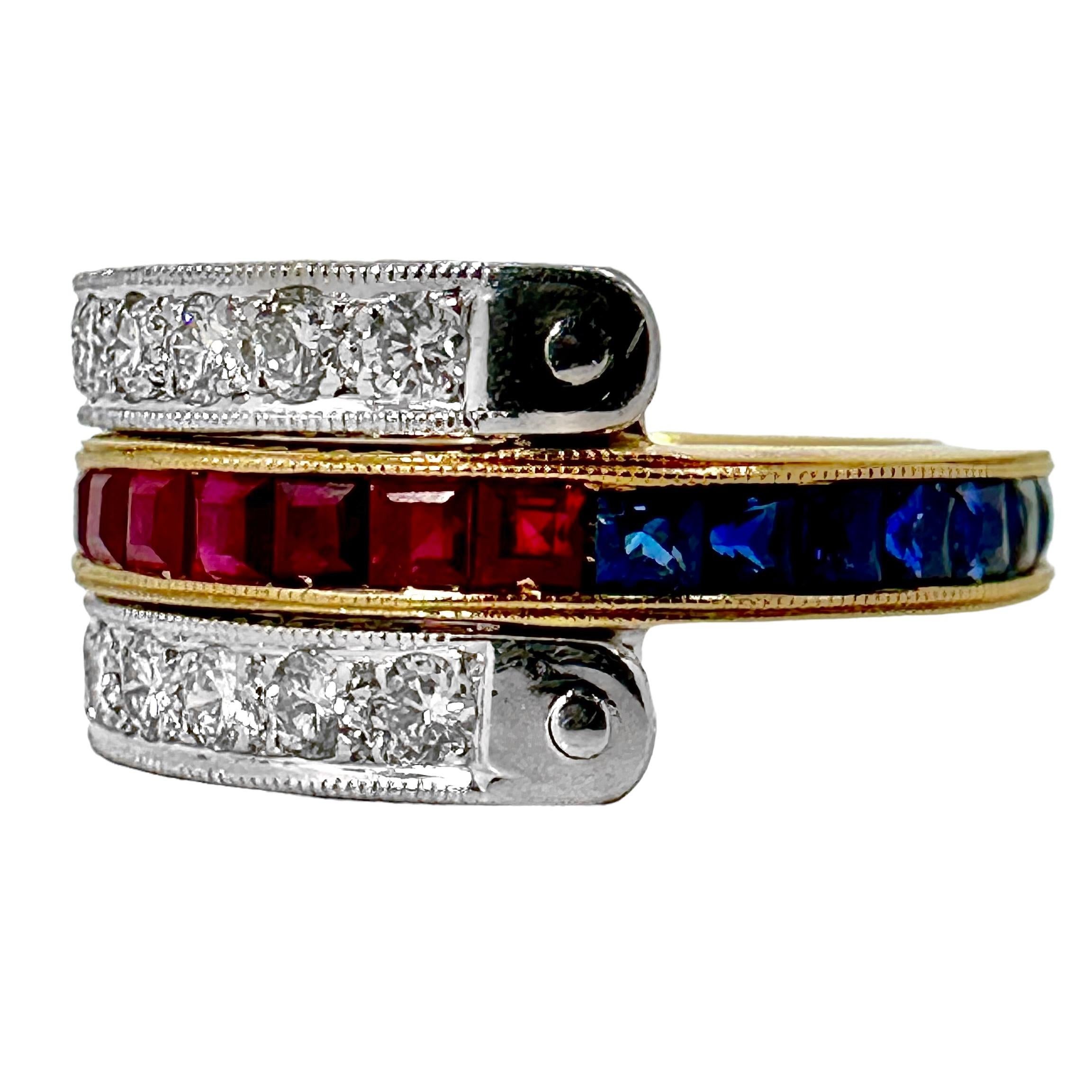 Reversible 3 Row Wide Band Style Ring with Rubies, Diamonds and Sapphires For Sale 2