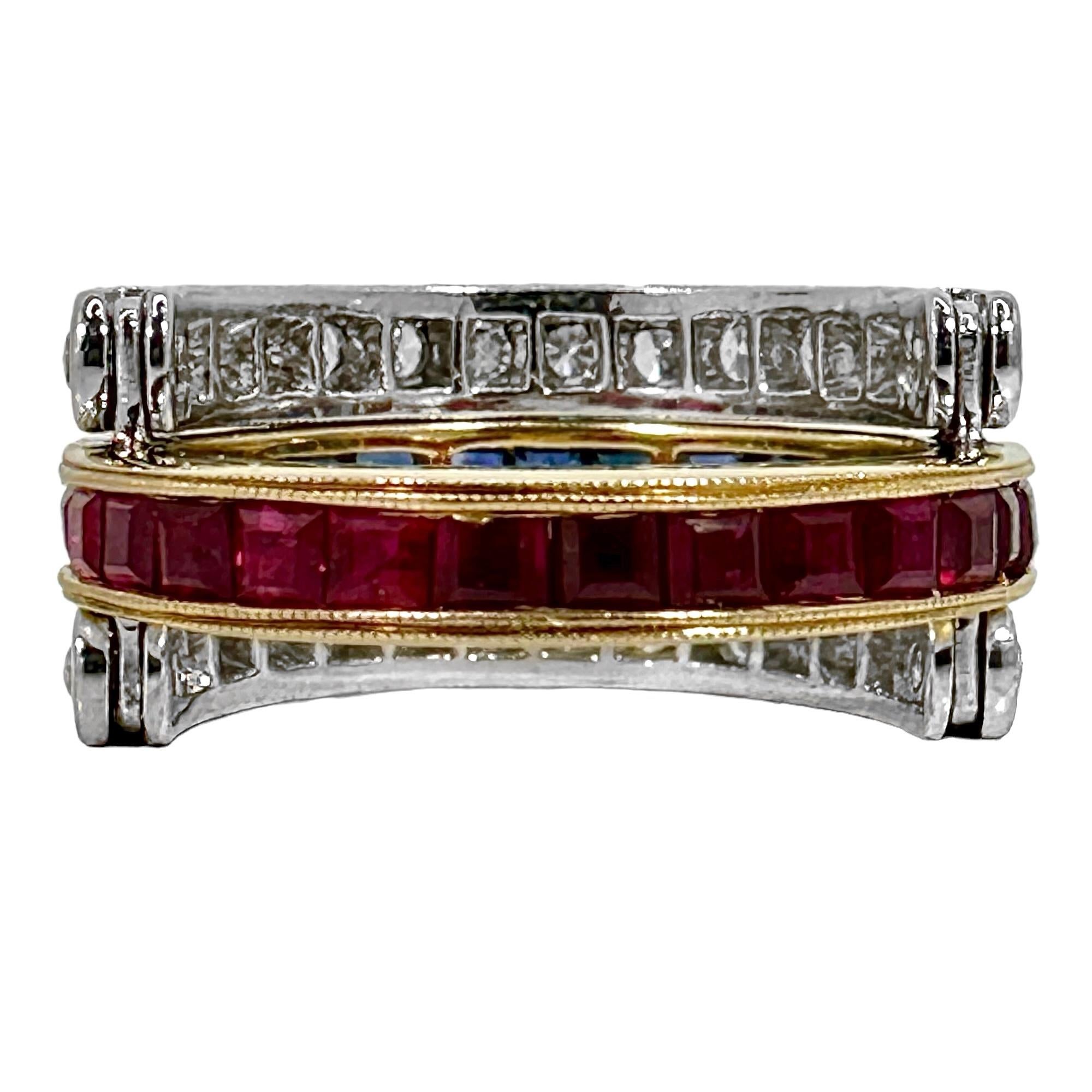 Reversible 3 Row Wide Band Style Ring with Rubies, Diamonds and Sapphires For Sale 3