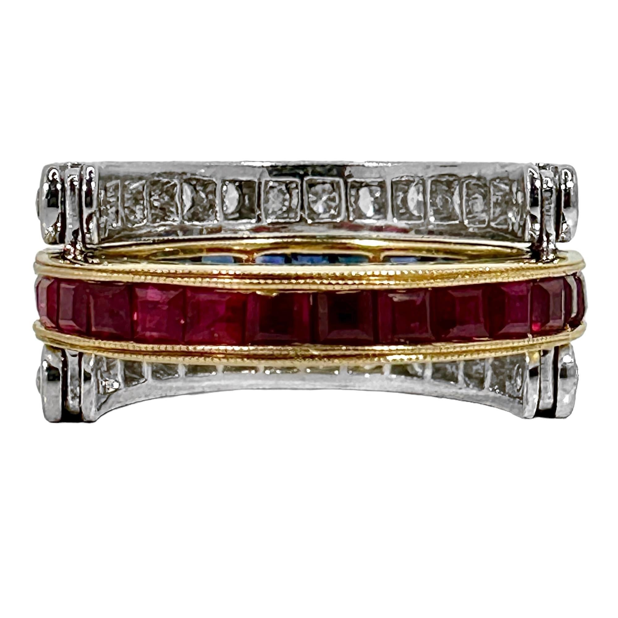 Wendbarer 3 Reihen breiter Ring im Bandstil mit Rubinen, Diamanten und Saphiren 3