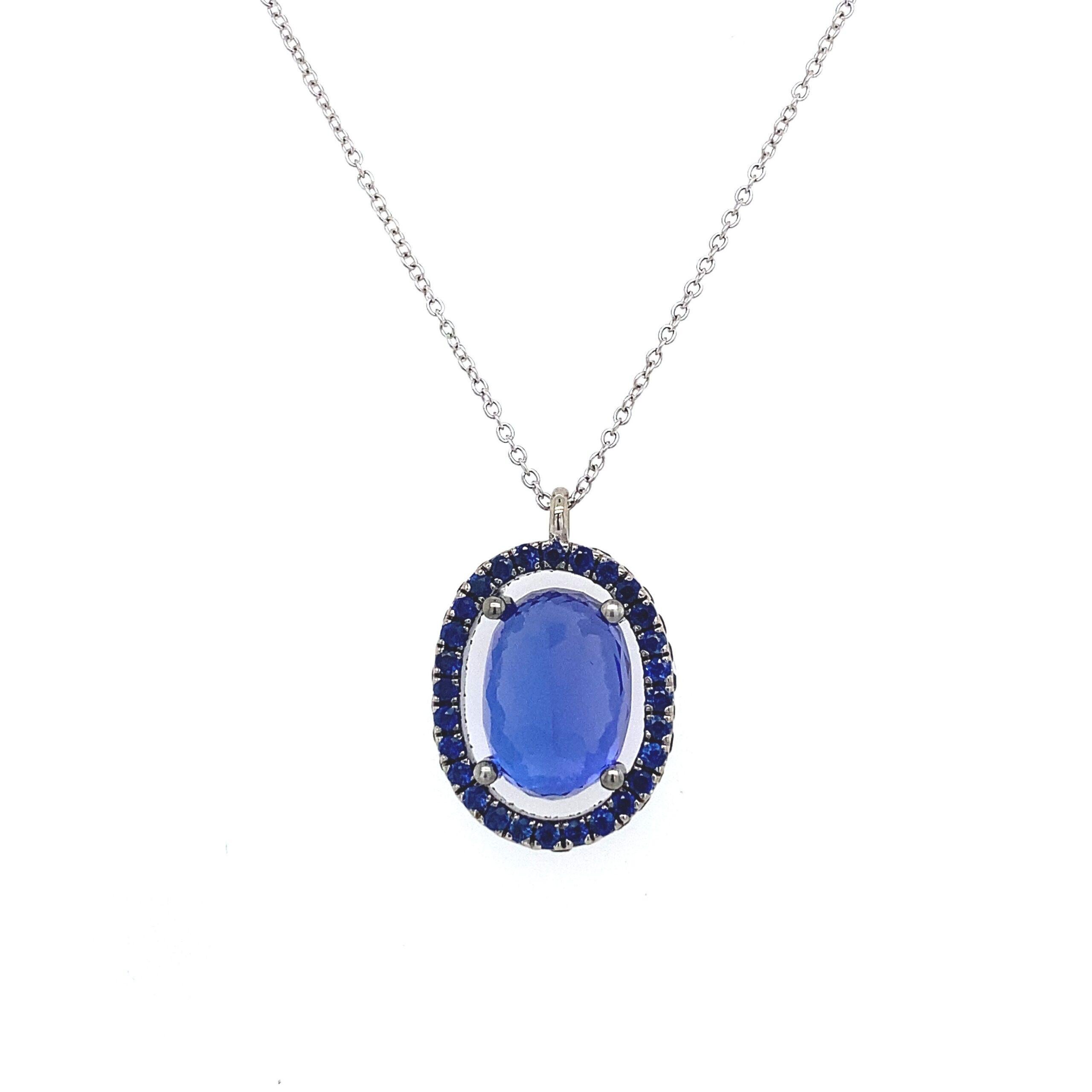 Round Cut Reversible 5ct Tanzanite, 1ct Sapphire and Diamond Pendant in 18ct Gold Chain For Sale
