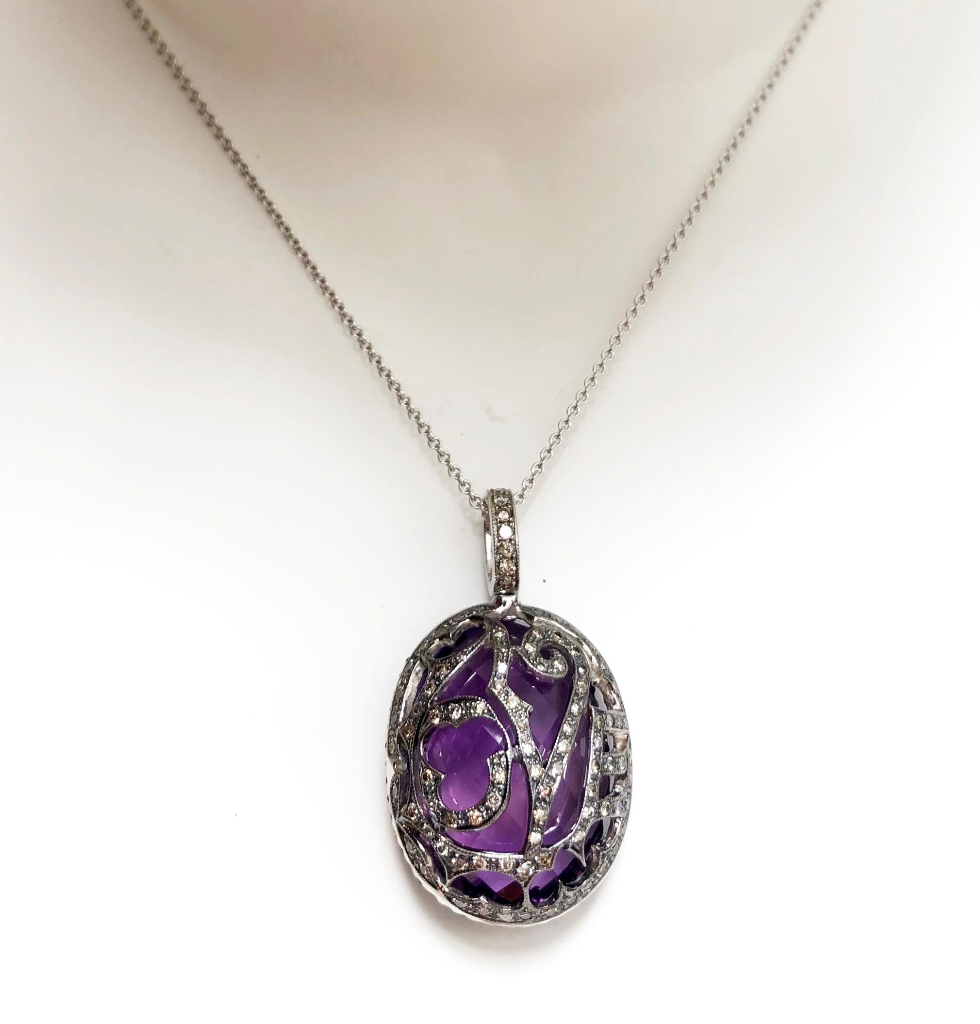 Contemporary Reversible Amethyst with Brown Diamond Pendant Set in 18 Karat White Gold For Sale