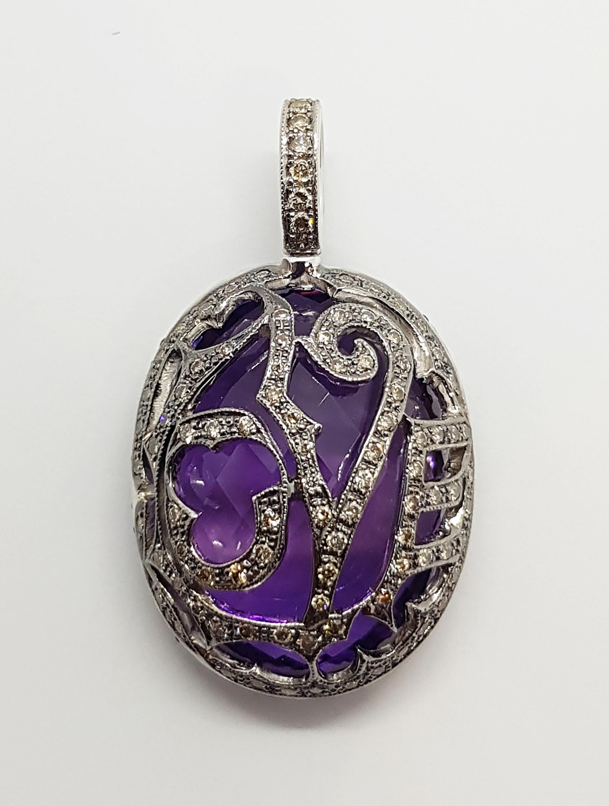 Oval Cut Reversible Amethyst with Brown Diamond Pendant Set in 18 Karat White Gold For Sale