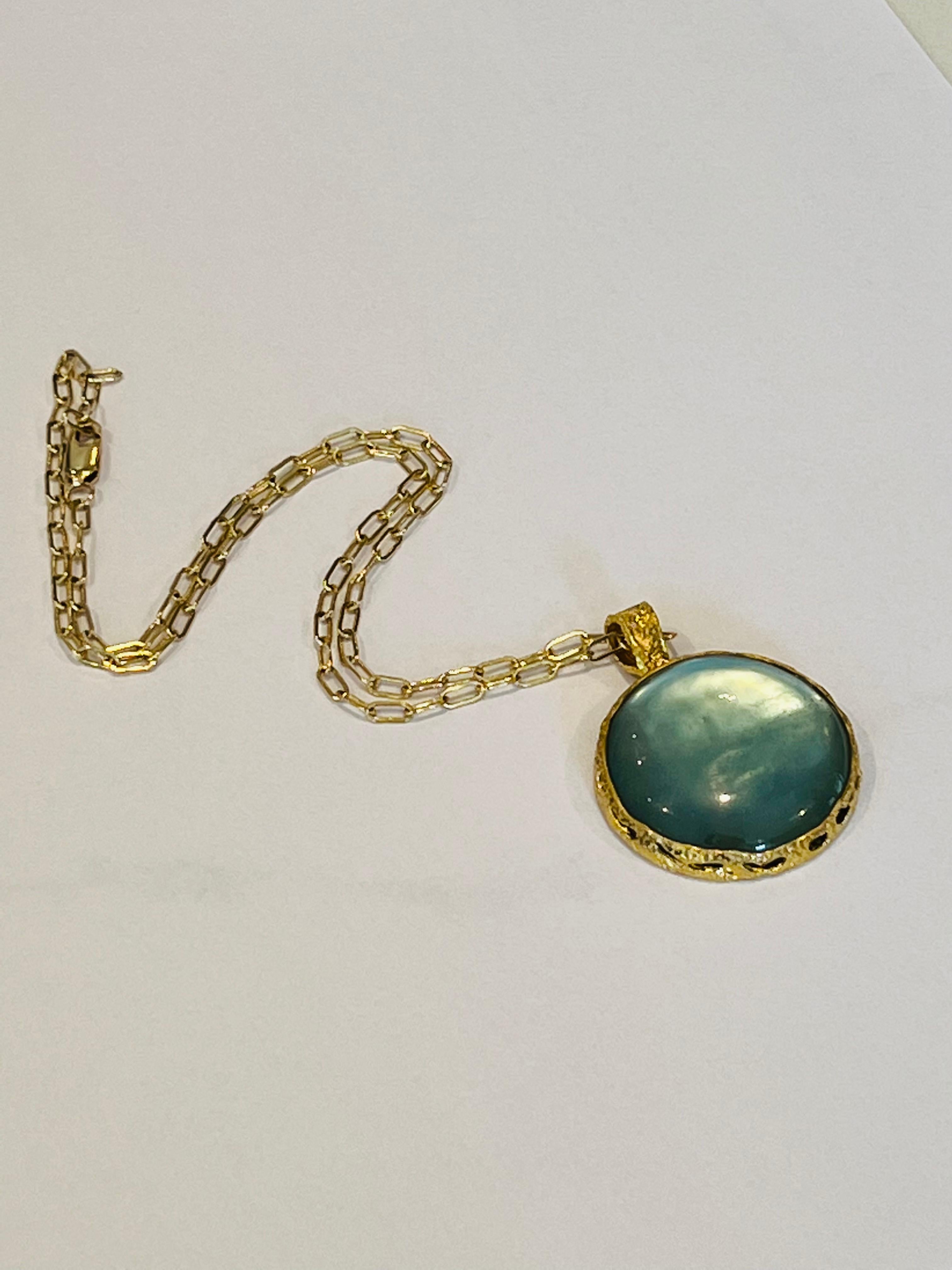 Celeste Reversible Aqua and Mother of Pearl Pendant in 22k Gold, by Tagili 5