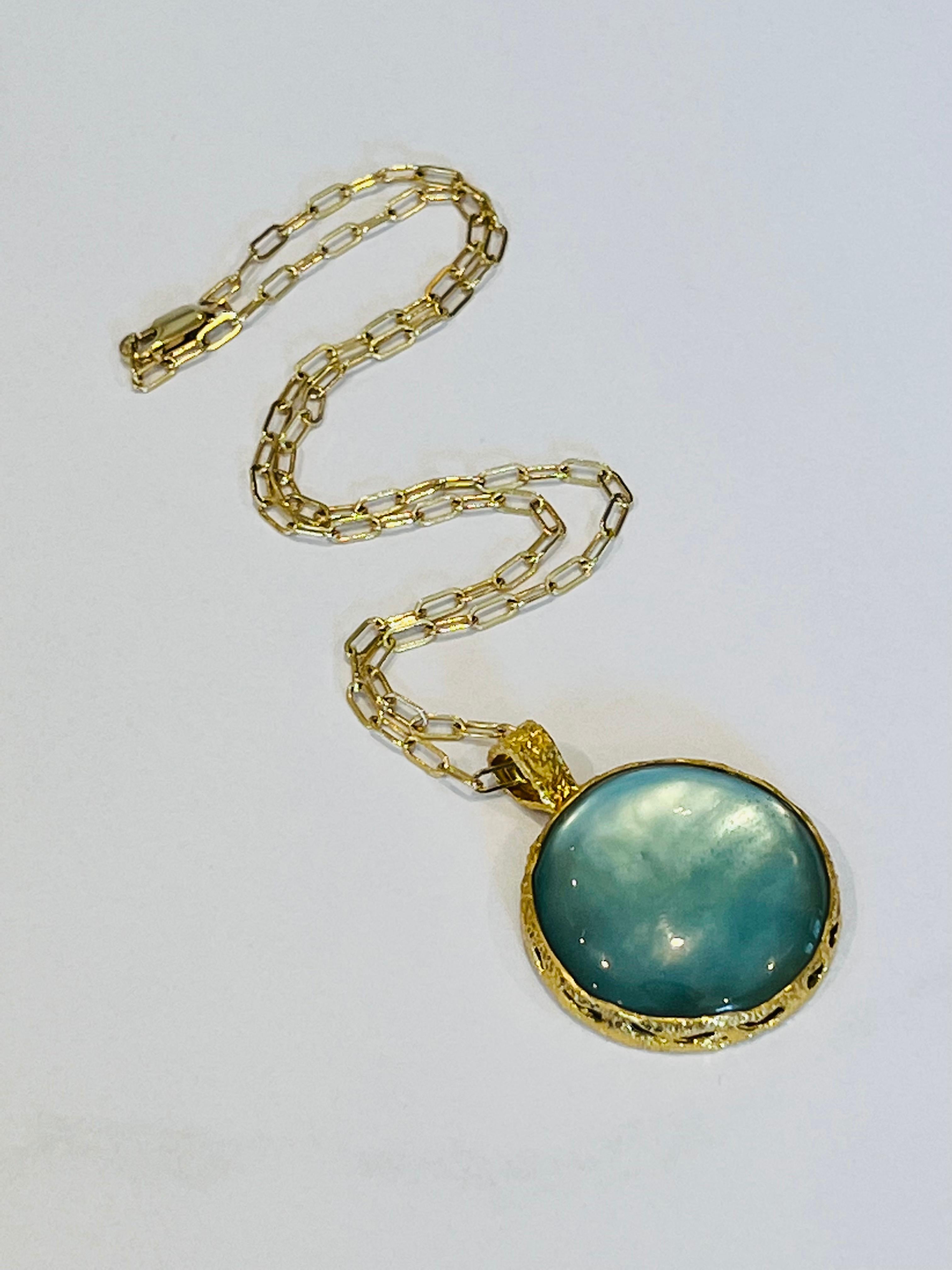 Artisan Celeste Reversible Aqua and Mother of Pearl Pendant in 22k Gold, by Tagili