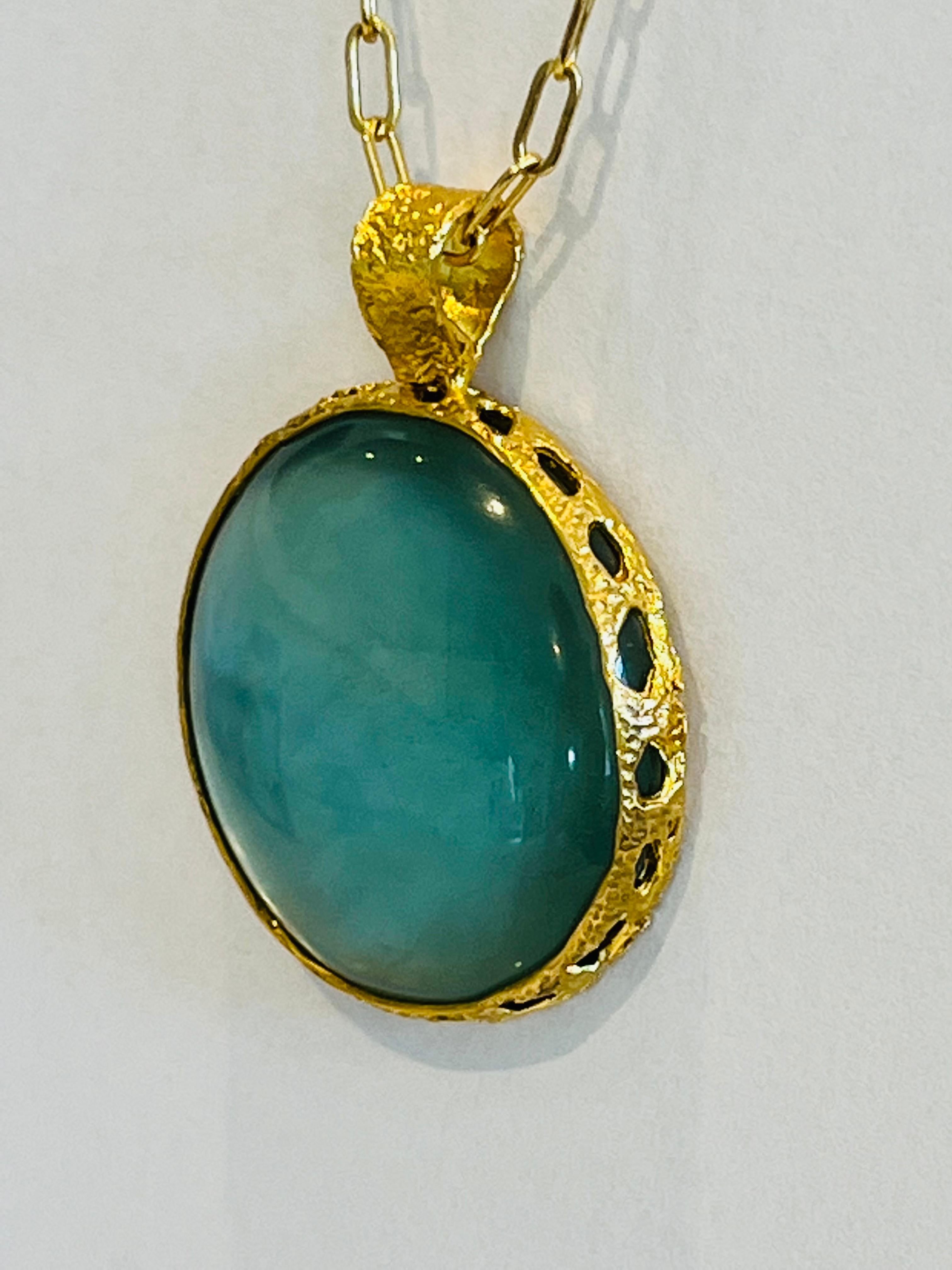 Round Cut Celeste Reversible Aqua and Mother of Pearl Pendant in 22k Gold, by Tagili