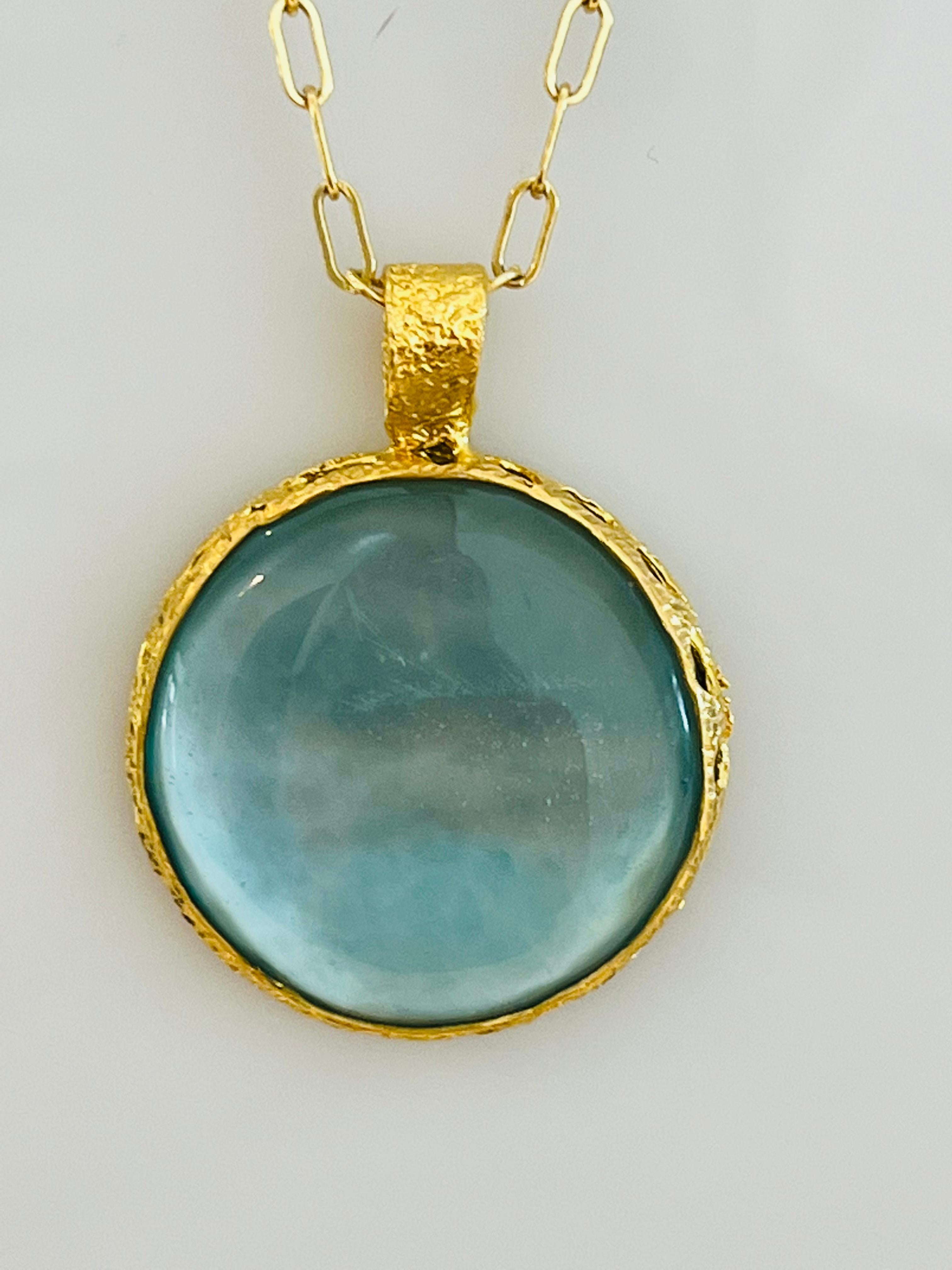 Celeste Reversible Aqua and Mother of Pearl Pendant in 22k Gold, by Tagili In New Condition In New York, NY
