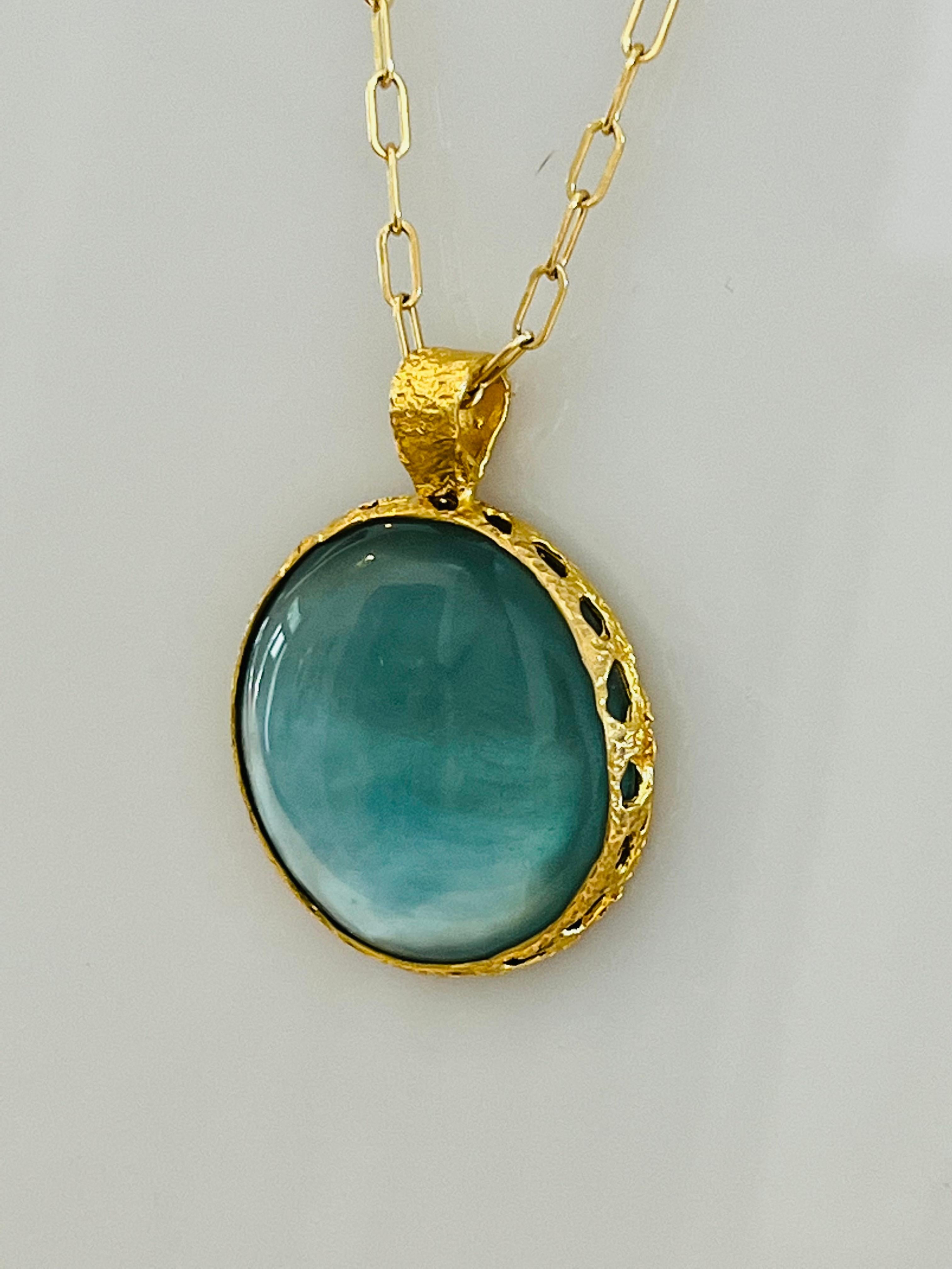 Women's Celeste Reversible Aqua and Mother of Pearl Pendant in 22k Gold, by Tagili