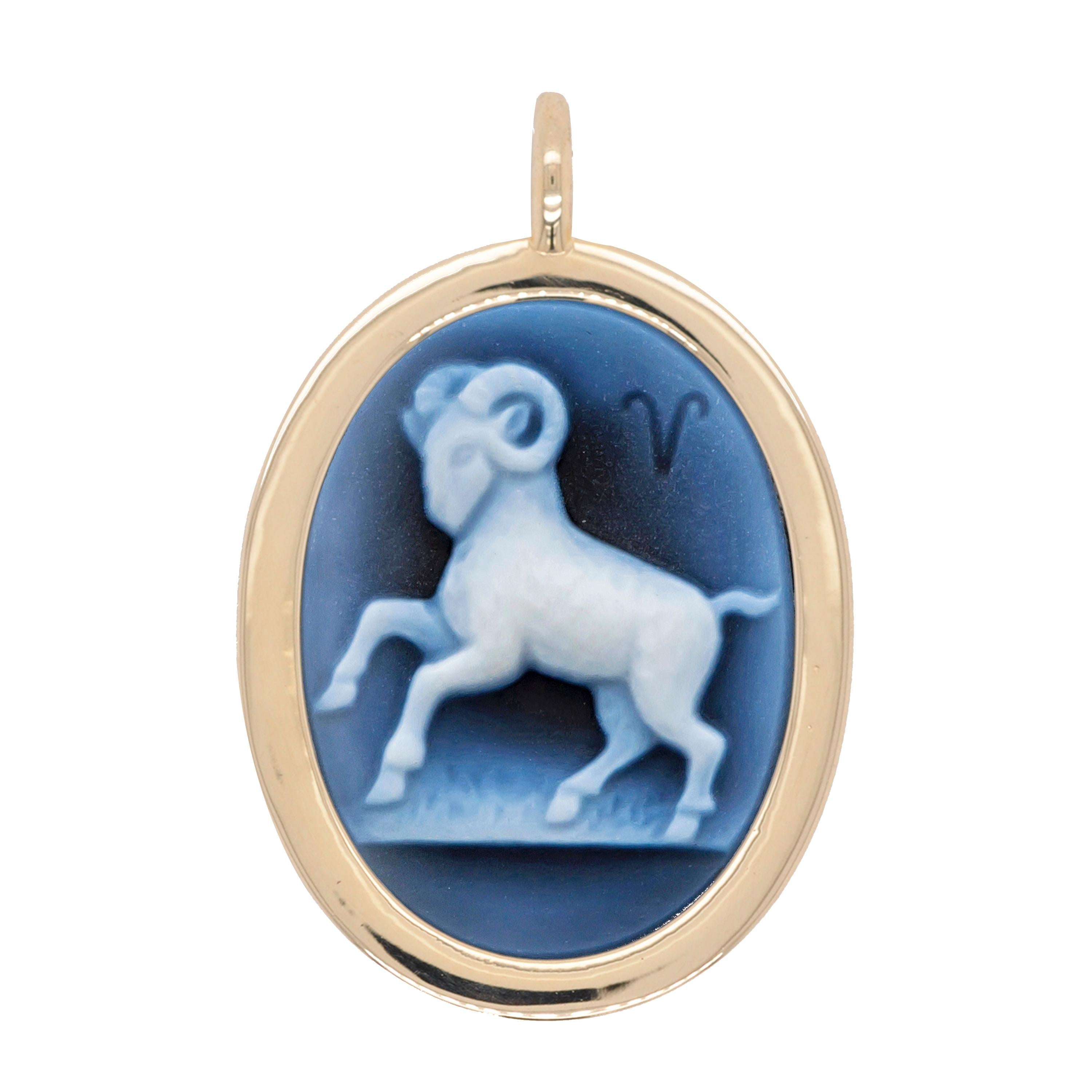 Reversible Aries Carving Cameo Zodiac Diamond 14 Karat Gold Pendant Necklace For Sale 10