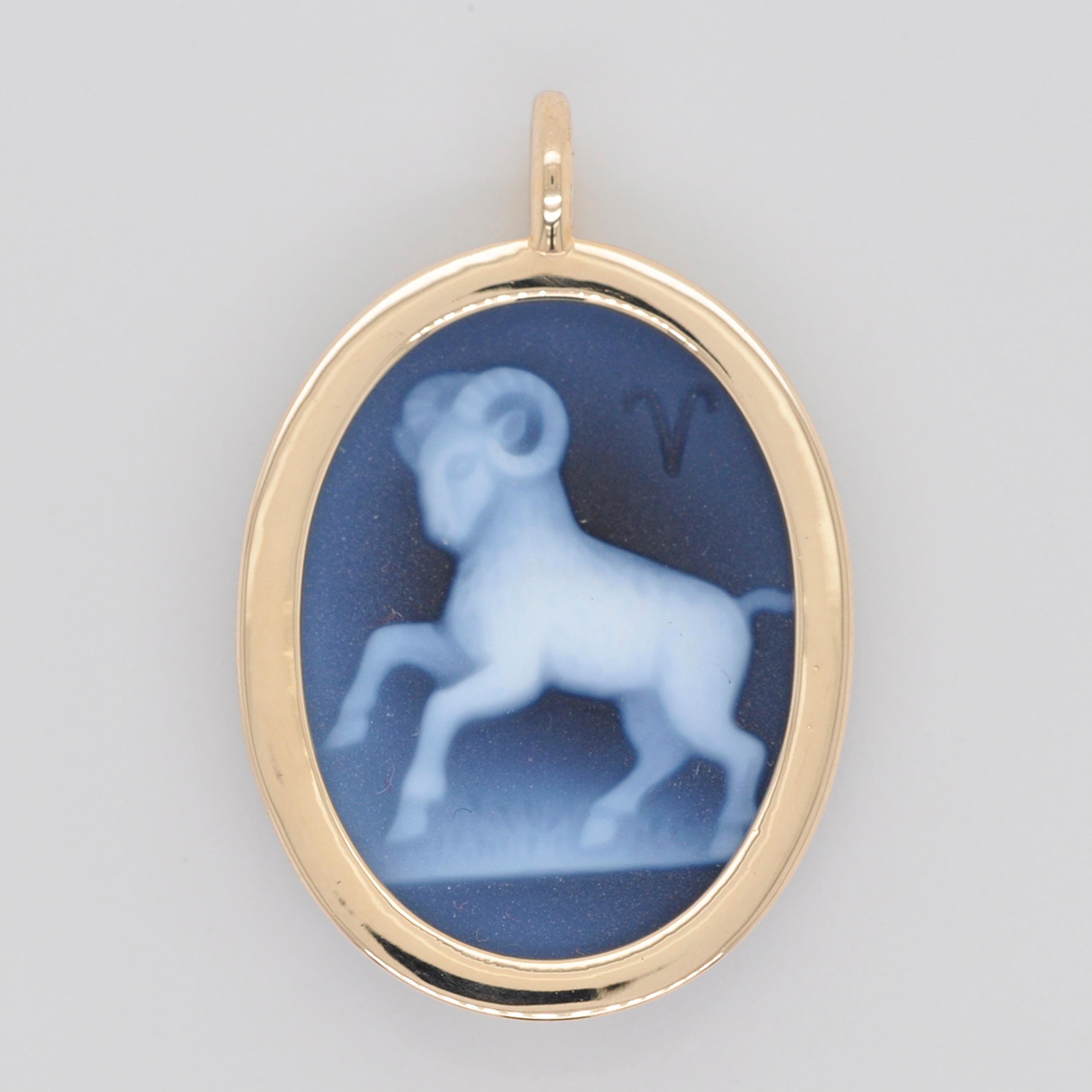 Reversible Aries Carving Cameo Zodiac Diamond 14 Karat Gold Pendant Necklace For Sale 11