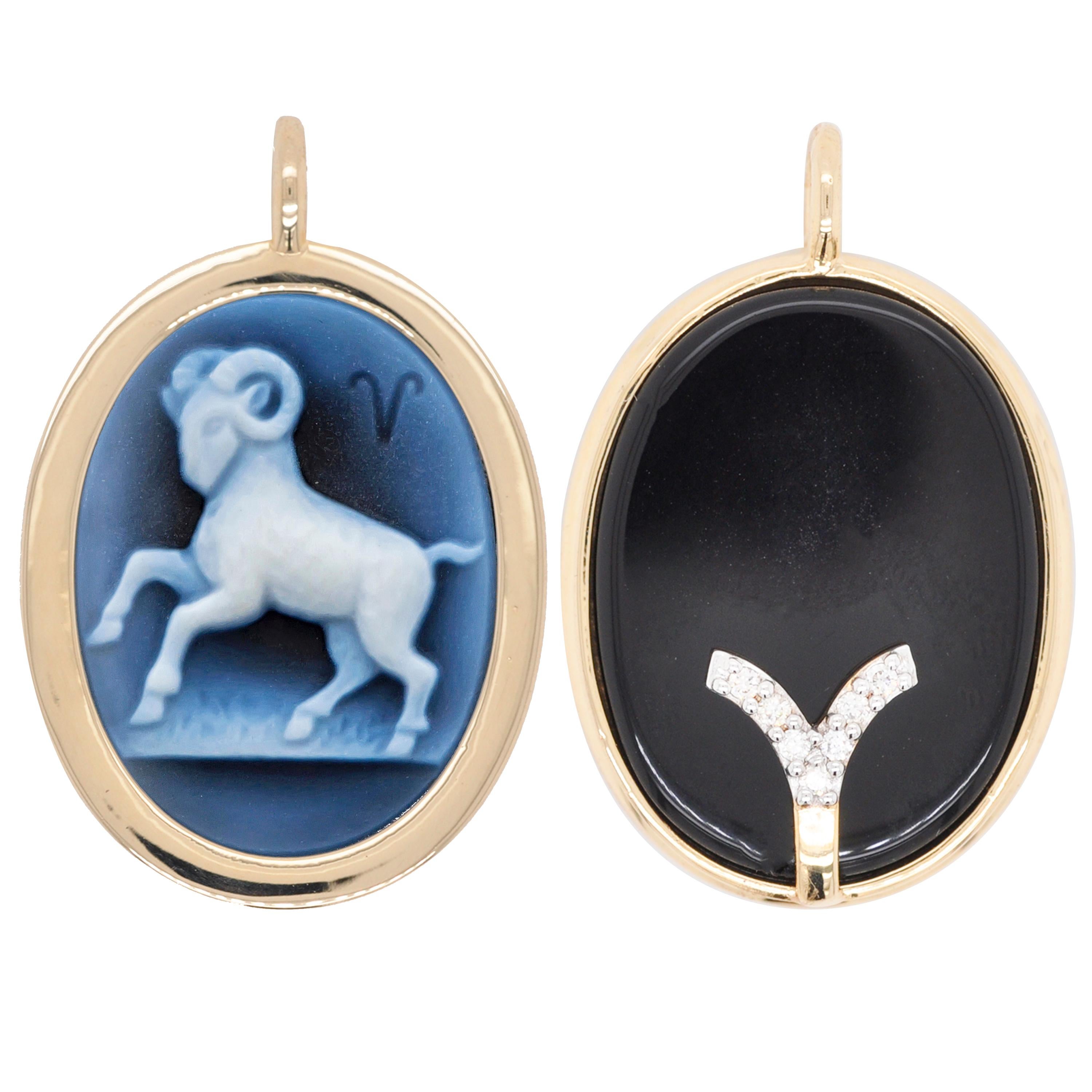 Reversible Aries Carving Cameo Zodiac Diamond 14 Karat Gold Pendant Necklace For Sale