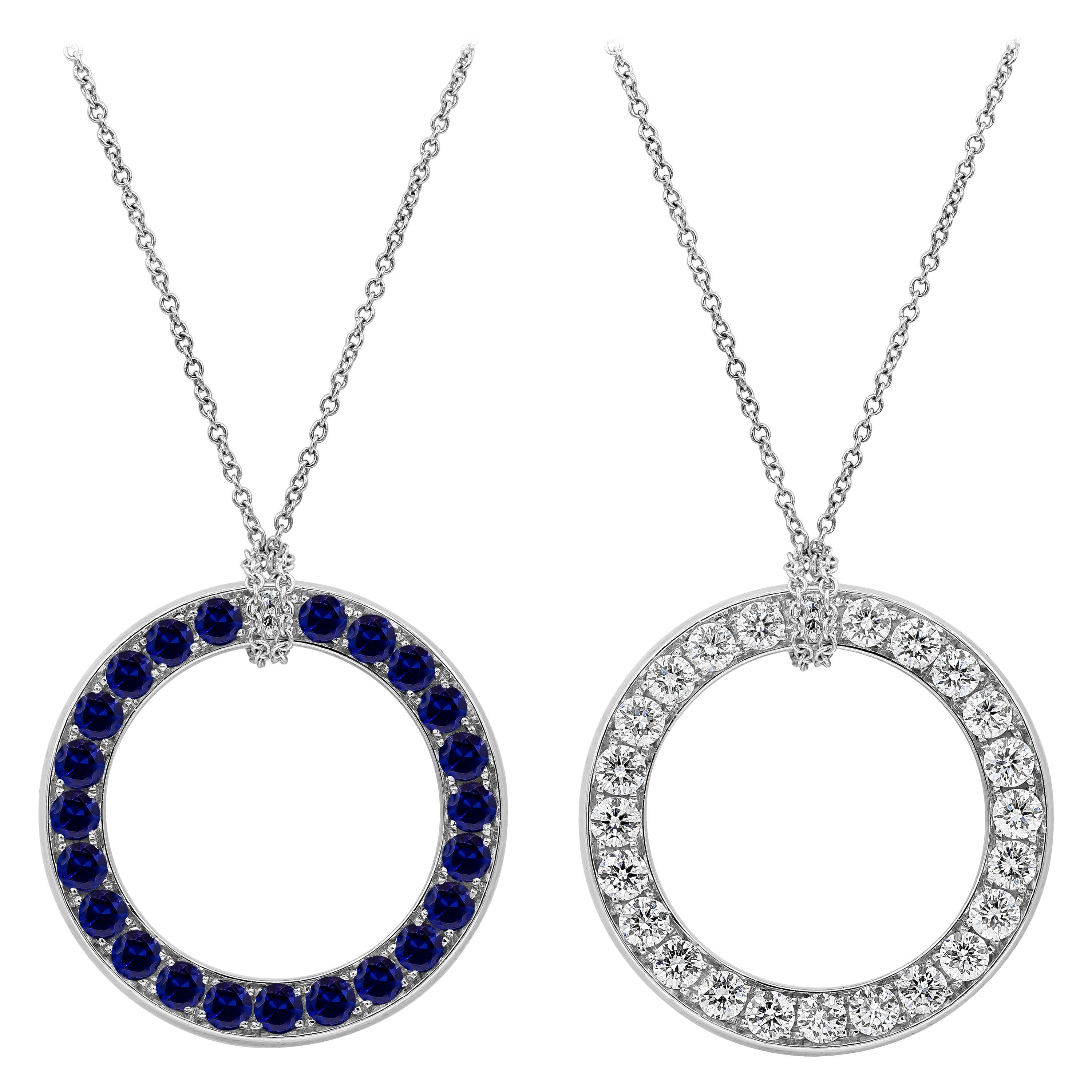 Collier pendentif réversible en saphir bleu rond et diamants de 3,40 carats au total