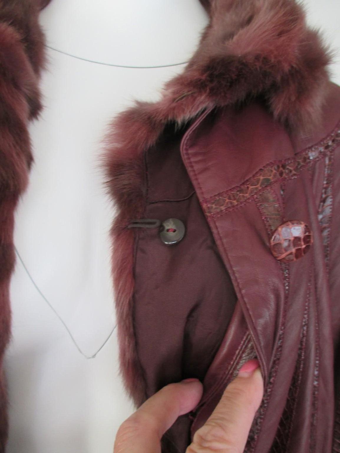 Reversible Bordeaux Long Fur and Exotic Leather Coat For Sale 1