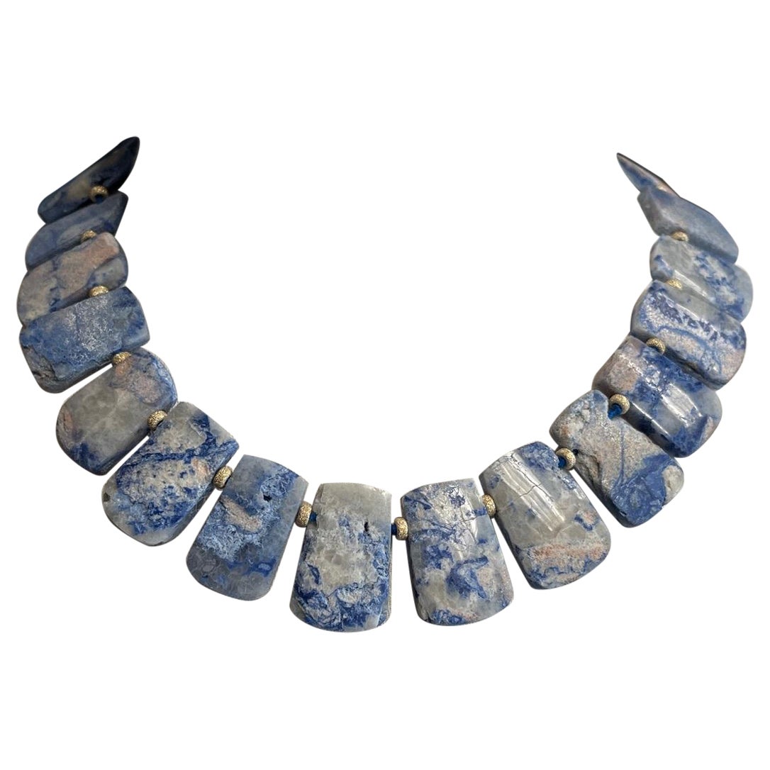 Reversible Dumortierite Tile Collar Necklace with 14k Yellow Gold, 18 Inches For Sale