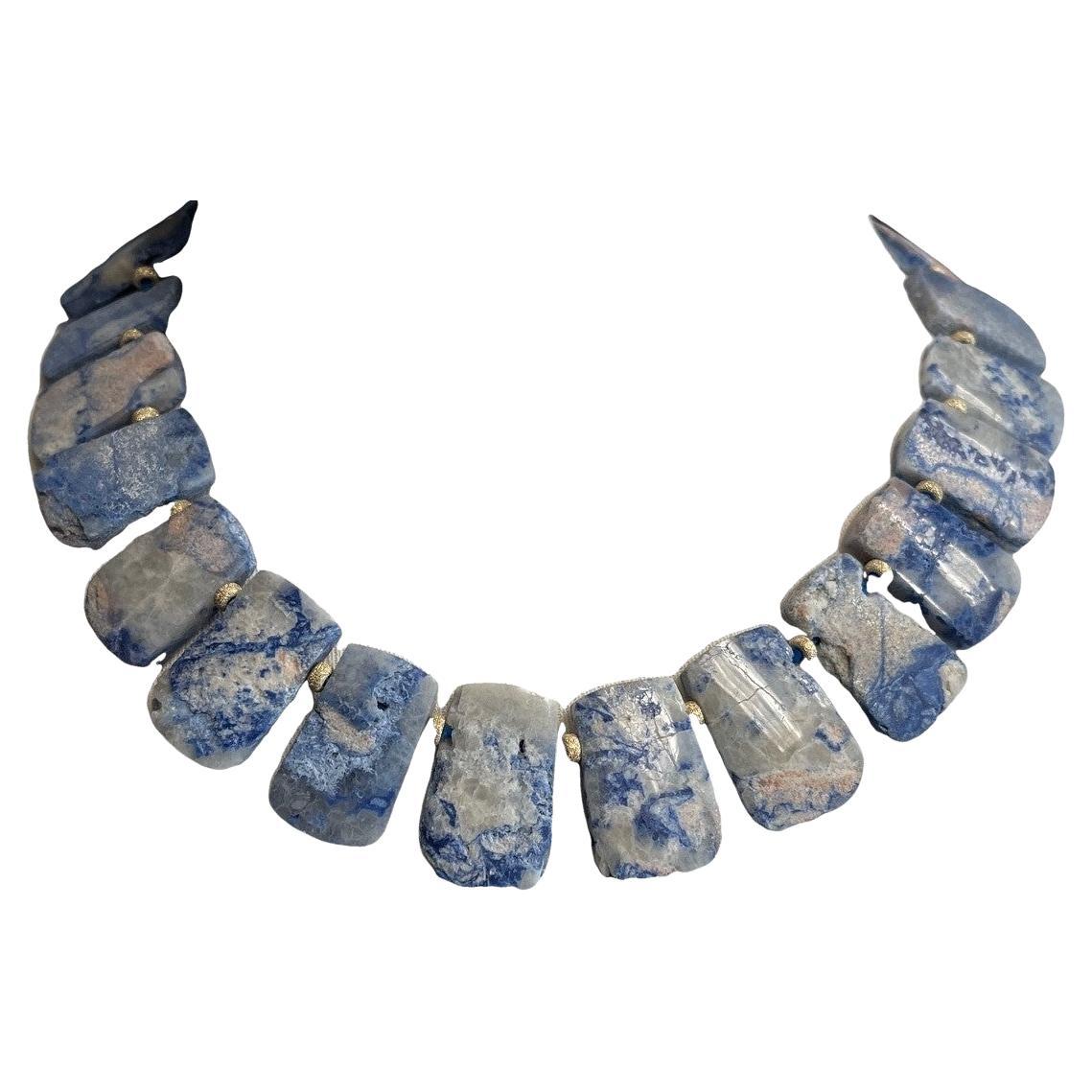 Reversible Dumortierite Tile Collar Necklace with 14k Yellow Gold, 18 Inches