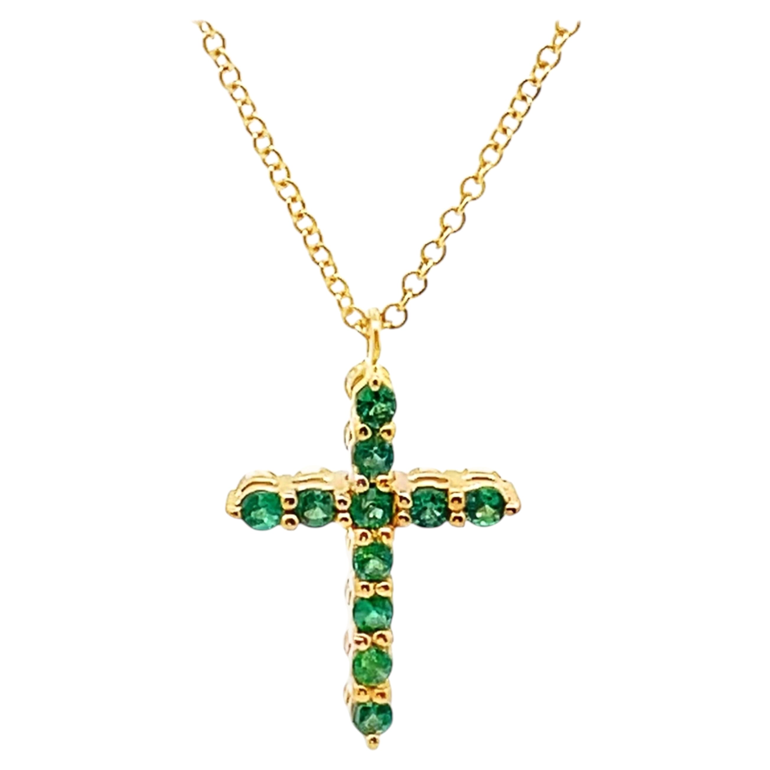 Reversible Emerald & Diamond Cross Necklace in 18K Yellow Gold