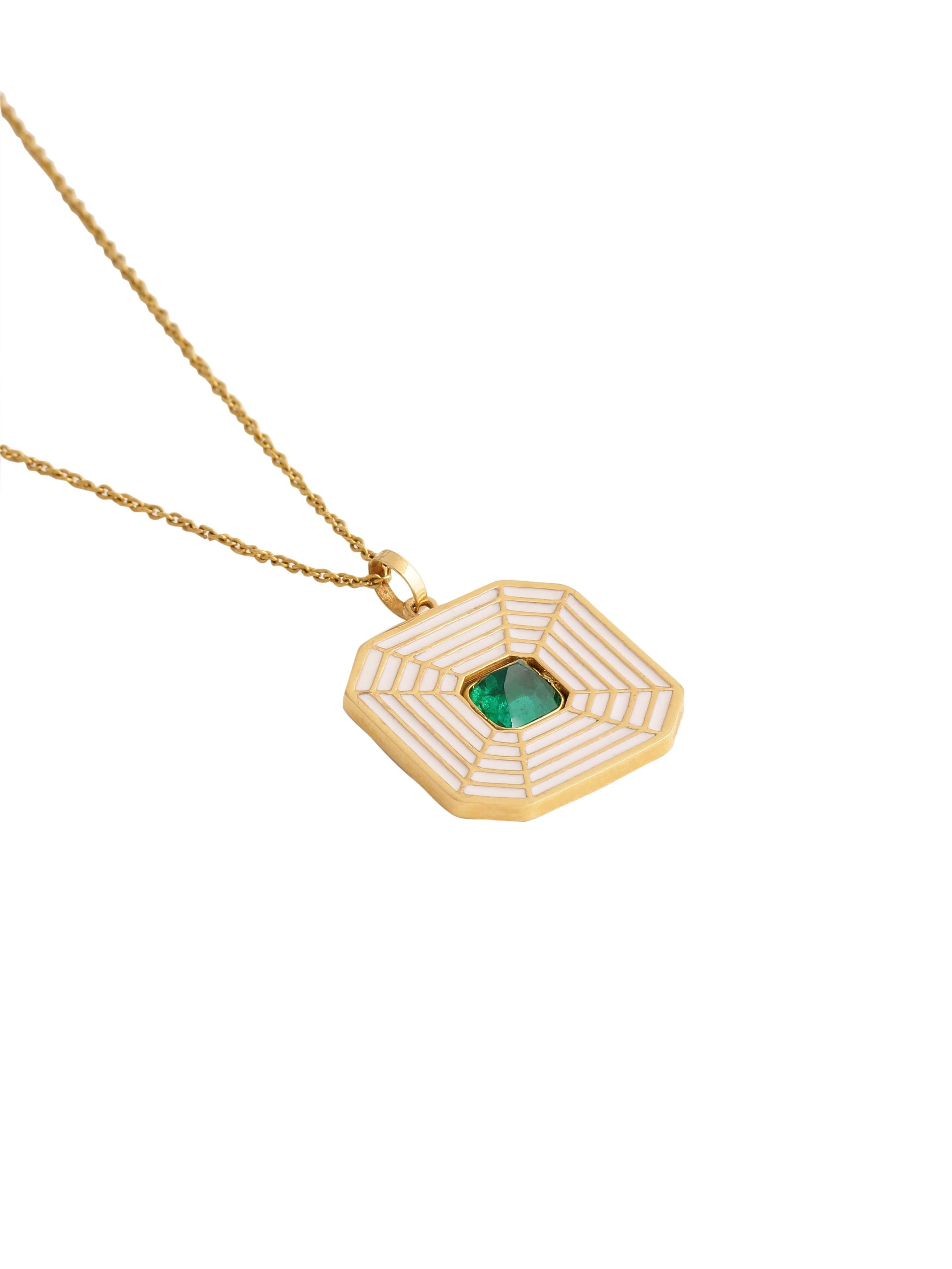 Octagon Cut Reversible Enamel pendant with Emerald in 18K Gold For Sale