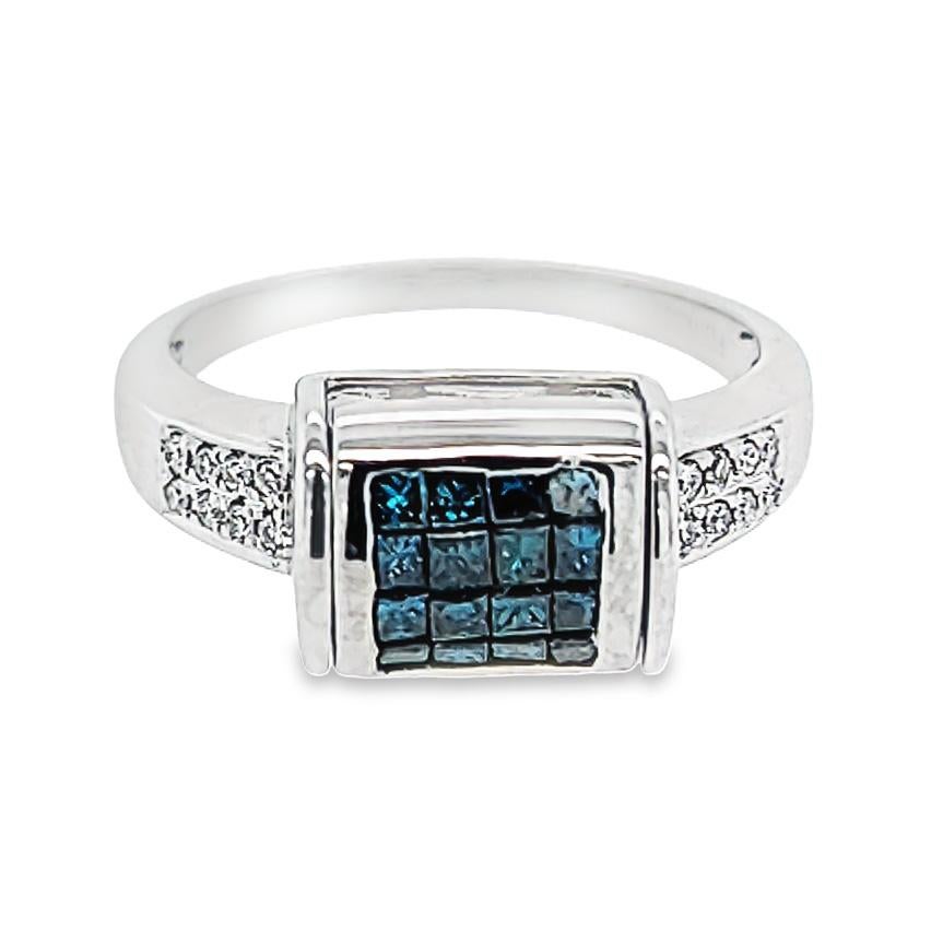 14 Karat White Gold Flip Top Ring Featuring 32 Princess Cut Diamonds Totaling 1.84 Carats and 16 Single Cut Diamonds Totaling 0.08 Carats. VS Clarity with G/H or Treated Teal Color. Current Finger Size 6.5; Purchase Includes One Sizing Service