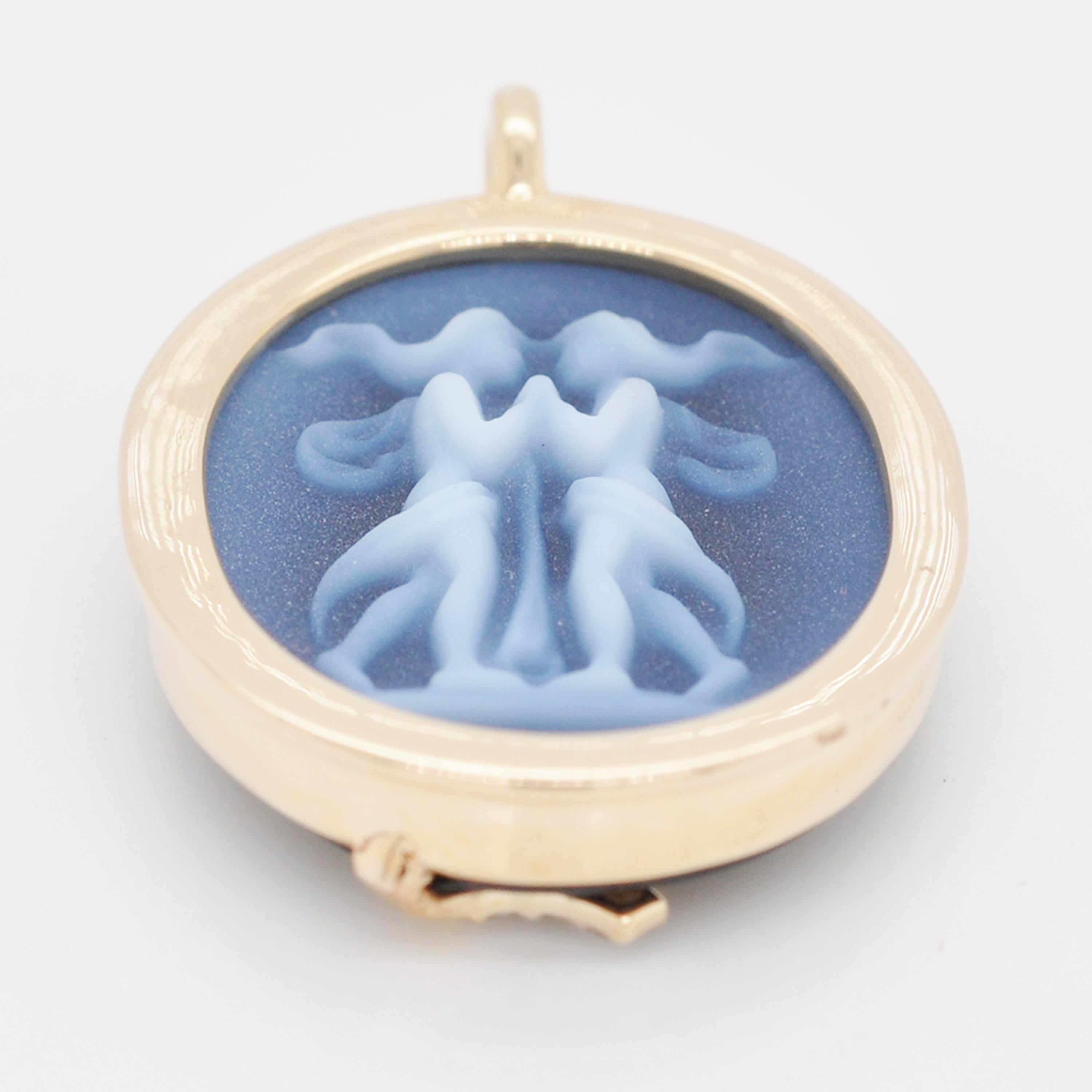 Reversible Gemini Carving Cameo Zodiac Diamond 14 Karat Gold Pendant Necklace For Sale 7