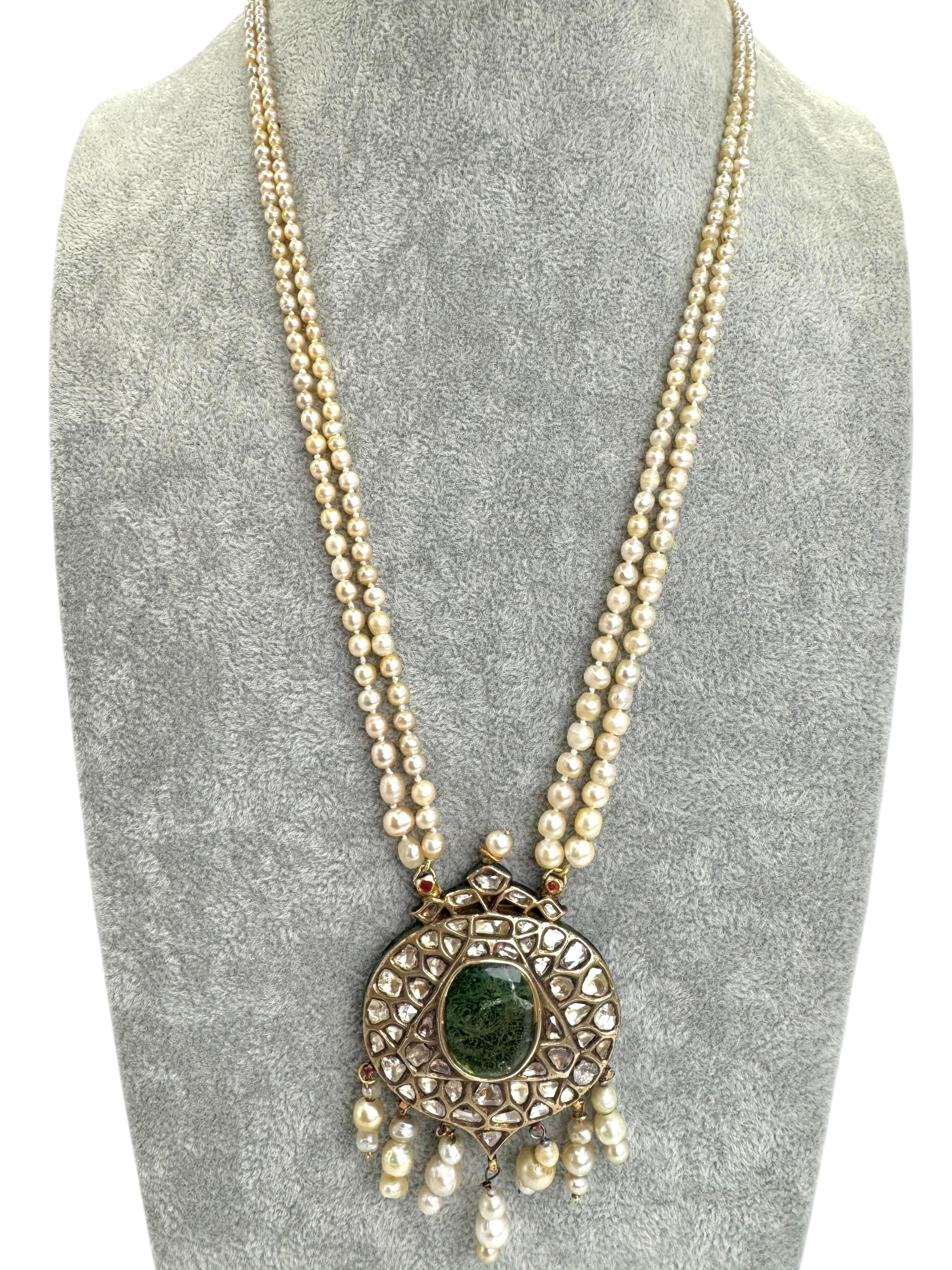 Women's or Men's Reversible Gold and Enamel Indian Necklace with Diamonds, Emerald, and Pearls For Sale