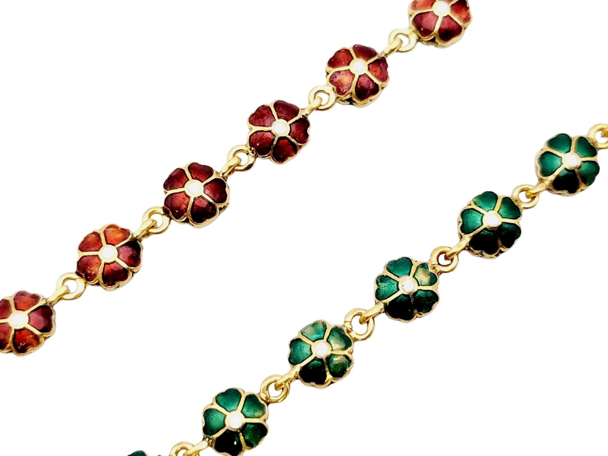 Reversible Green and Red Enamel Flower Link Single Strand Yellow Gold Necklace In Good Condition For Sale In Scottsdale, AZ