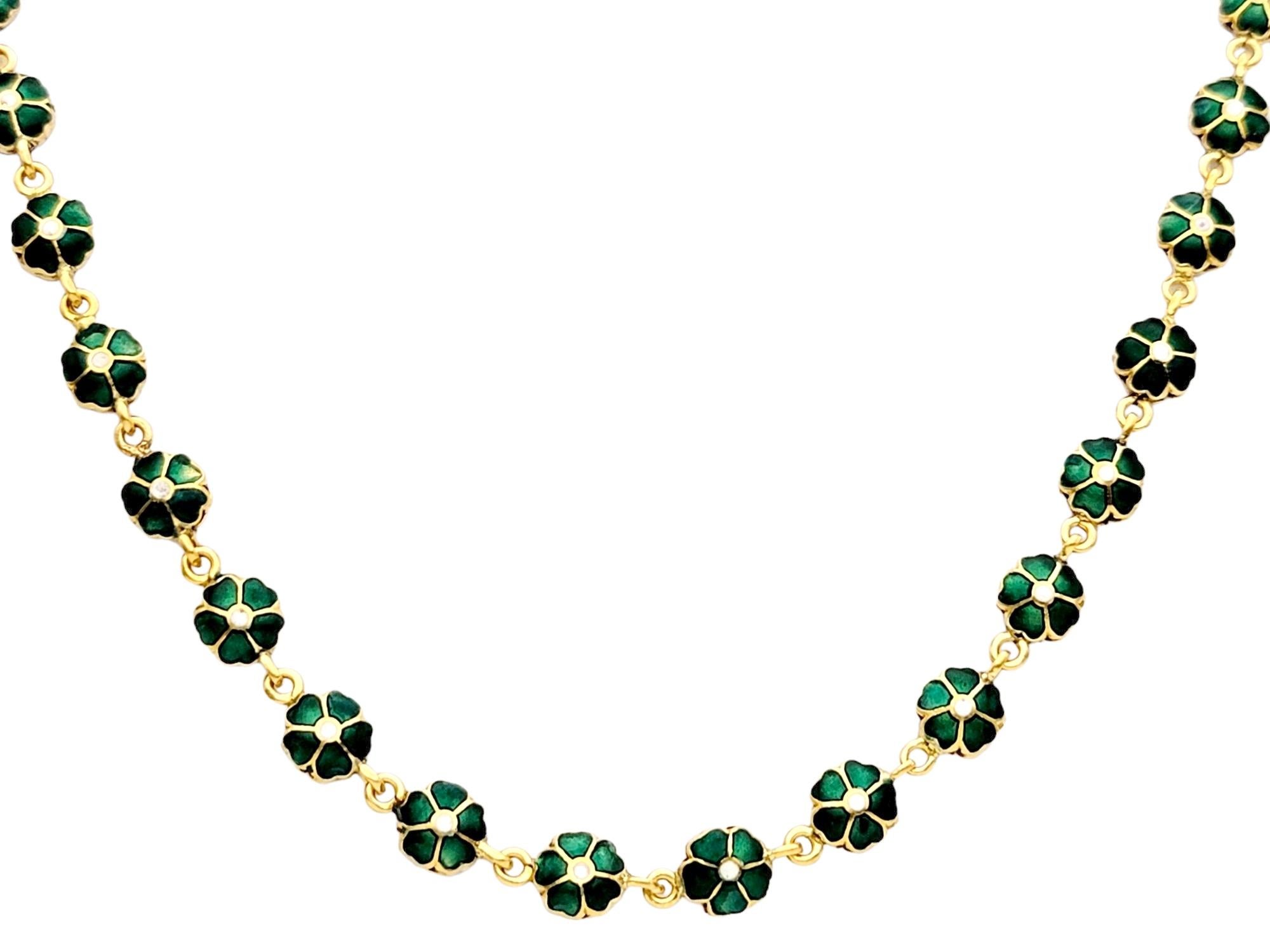 Women's Reversible Green and Red Enamel Flower Link Single Strand Yellow Gold Necklace For Sale