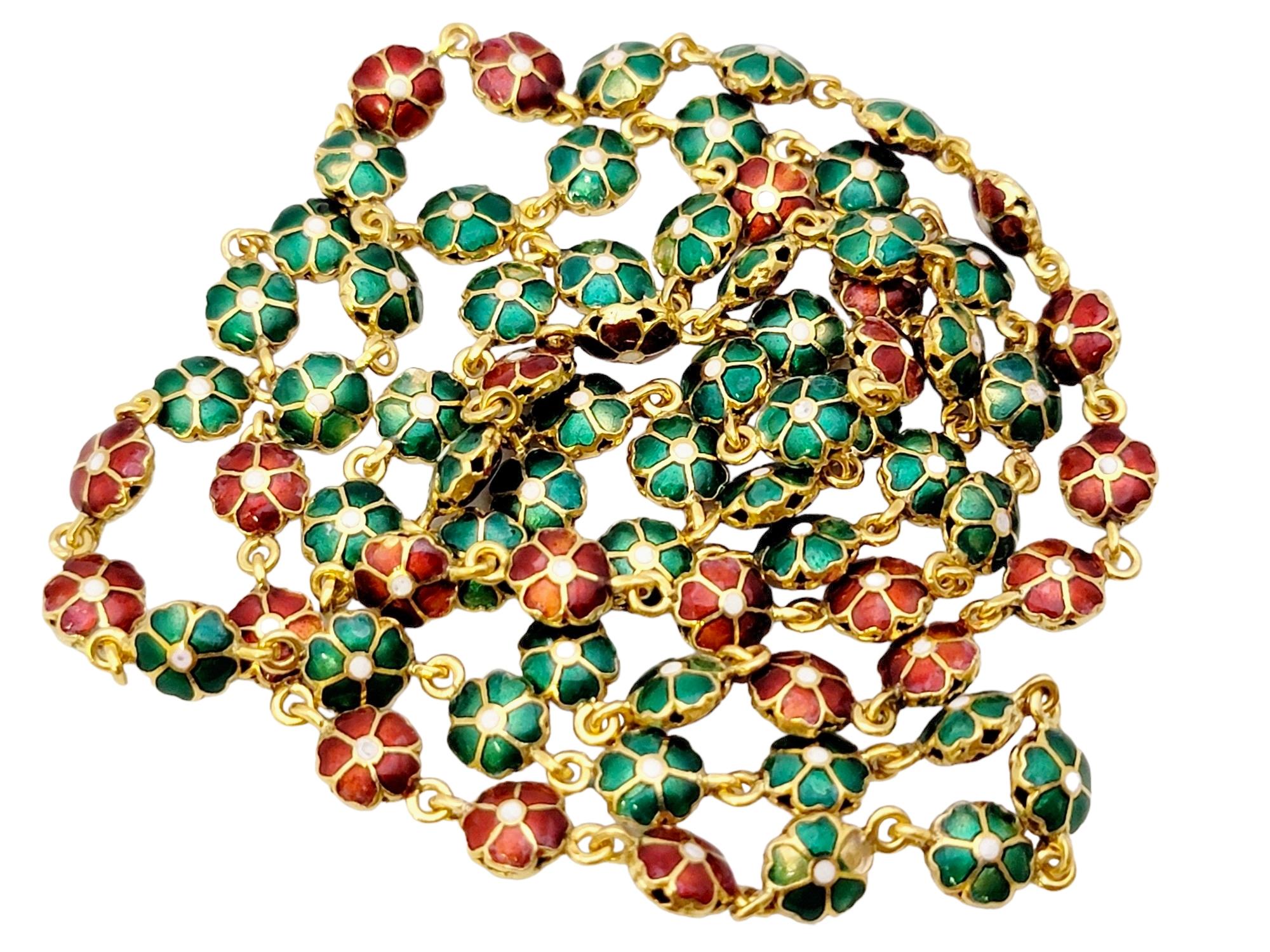 Reversible Green and Red Enamel Flower Link Single Strand Yellow Gold Necklace For Sale 4