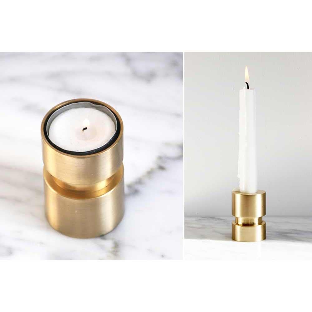 Ingenious and very charming reversible handmade cast brass candle / tea-light holder. Just reverse the piece whether you wish to use it to hold a candle or a tea-light.

Solid brass and cast using very traditional techniques, the piece is polished