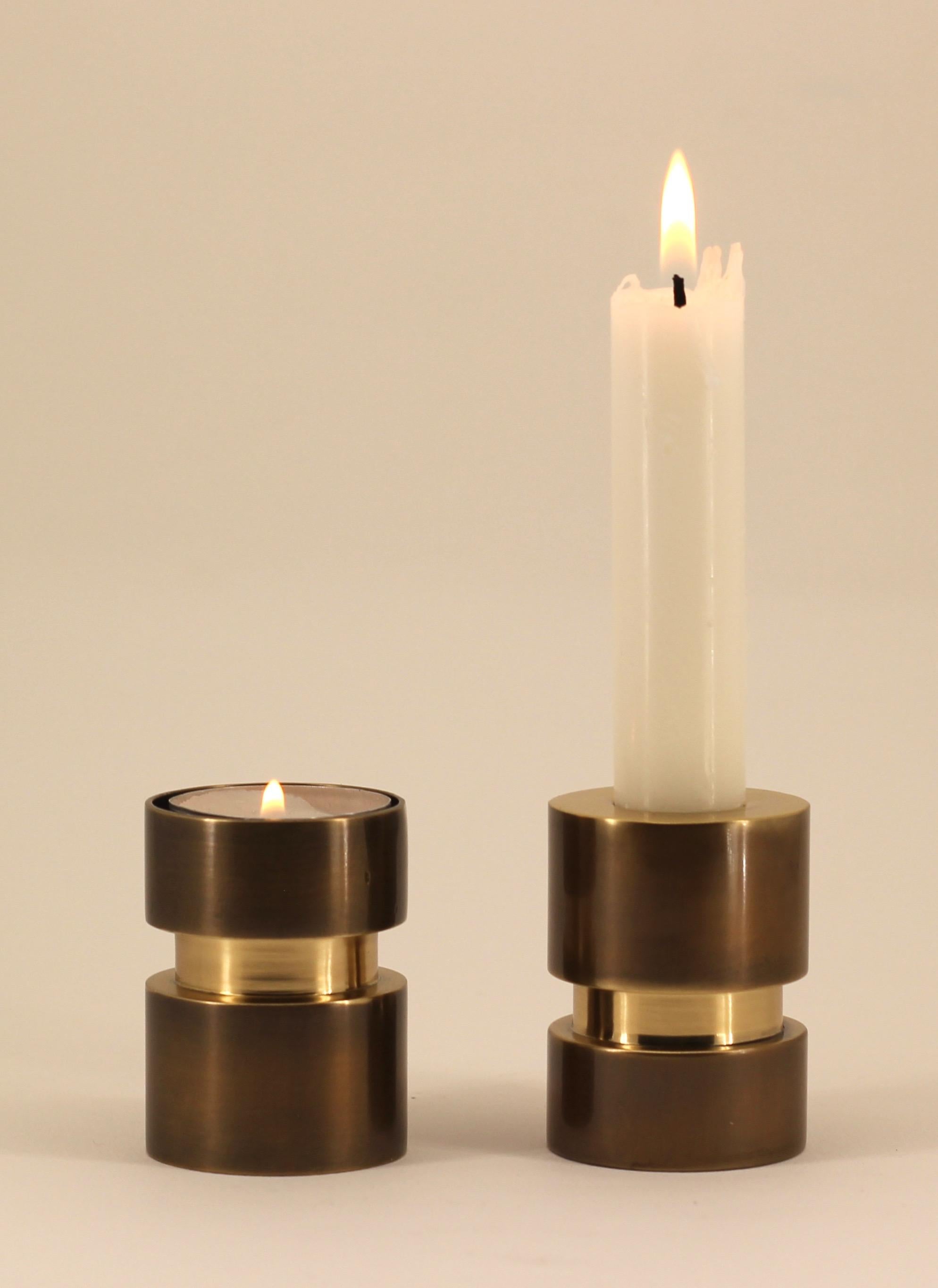 Indian Reversible Handmade Cast Brass Tea-Light + Taper Candleholder with Bronze Patina For Sale