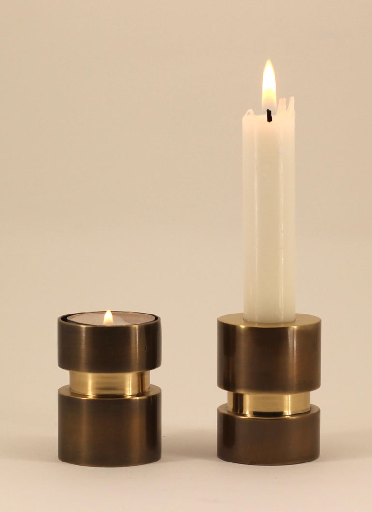 Reversible Handmade Cast Brass Candle TeaLight Holder with Bronze Patina For Sale at 1stdibs