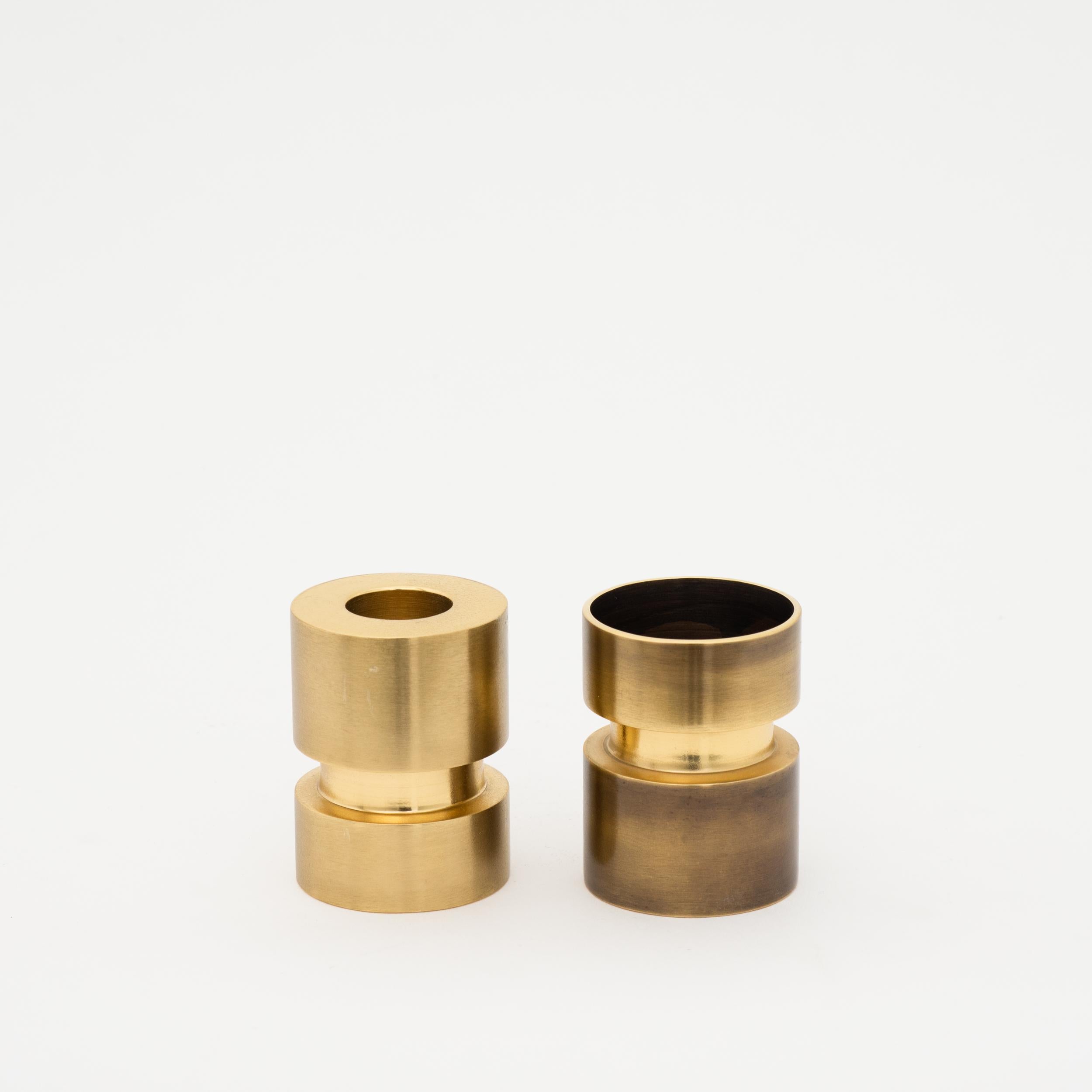 Bronzed Reversible Handmade Cast Brass Tea-Light + Taper Candleholder with Bronze Patina For Sale