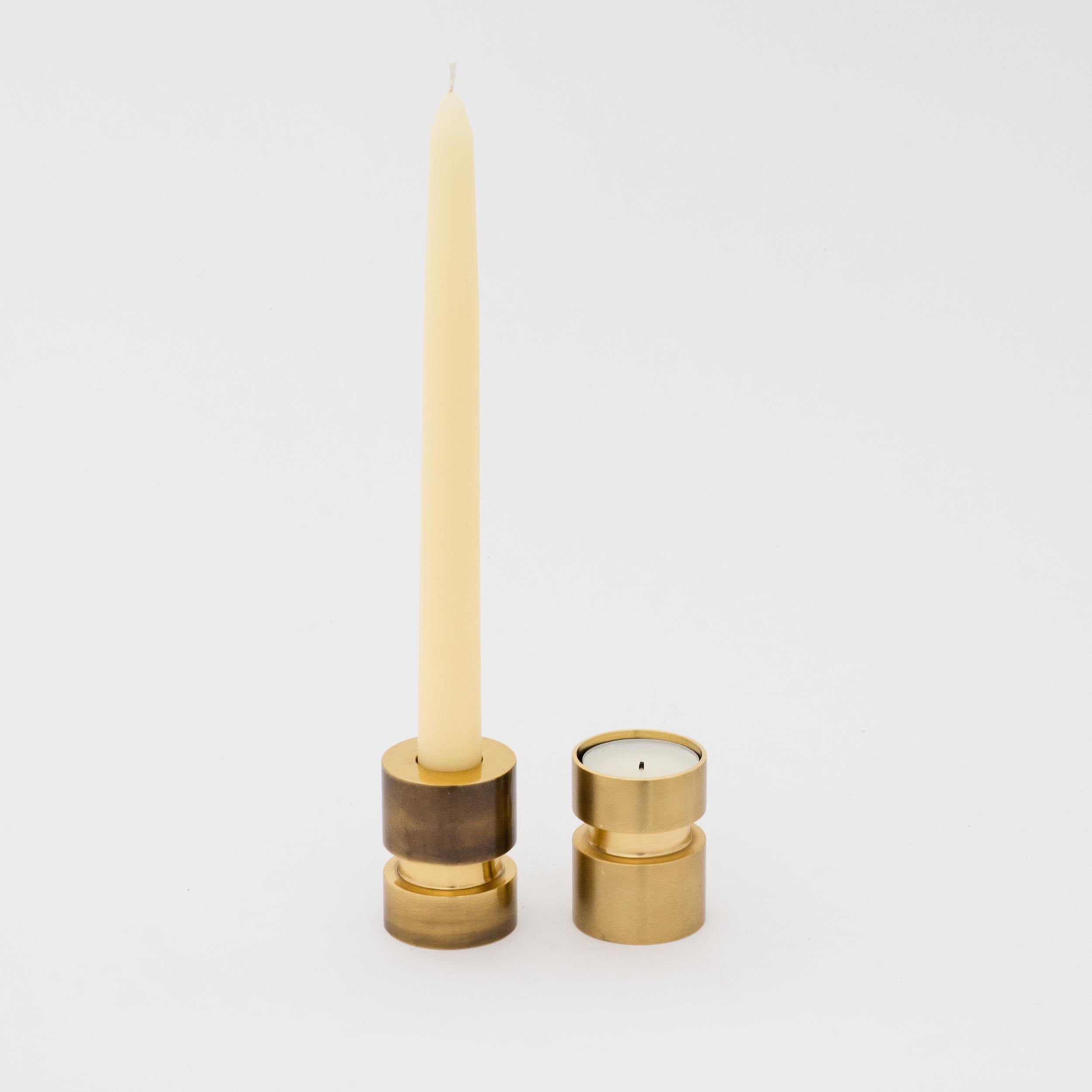 Reversible Handmade Cast Brass Tea-Light + Taper Candleholder with Bronze Patina In New Condition For Sale In London, GB