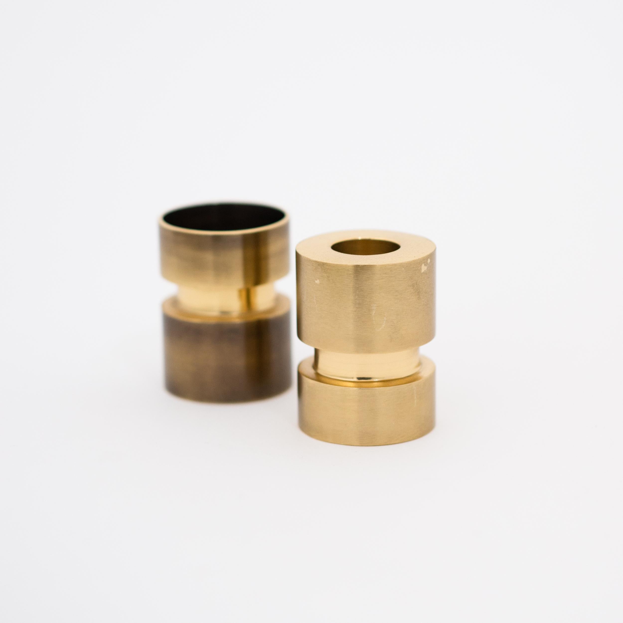 Contemporary Reversible Handmade Cast Brass Tea-Light + Taper Candleholder with Bronze Patina For Sale