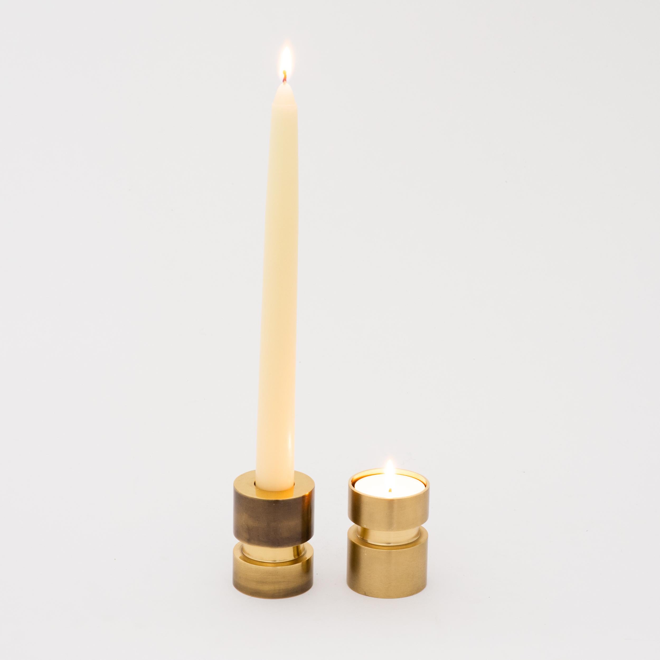 Reversible Handmade Cast Brushed Brass Tea-Light and Taper Candle Holder In New Condition For Sale In London, GB