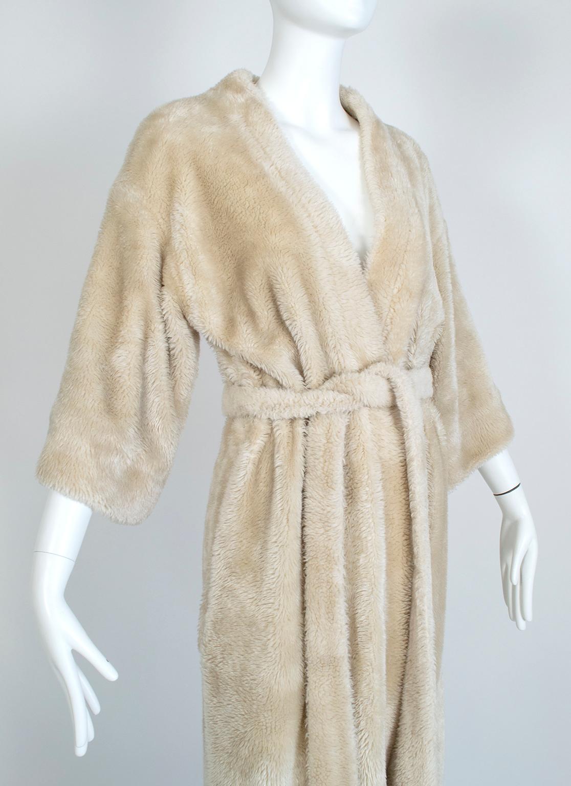 Reversible Ivory Faux Fur Robe w Leonard Paris-Inspired Jungle Lining - M, 1960s For Sale 2