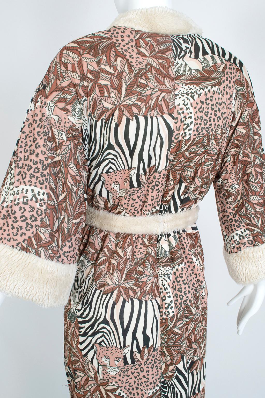 Beige Reversible Ivory Faux Fur Robe w Leonard Paris-Inspired Jungle Lining - M, 1960s For Sale