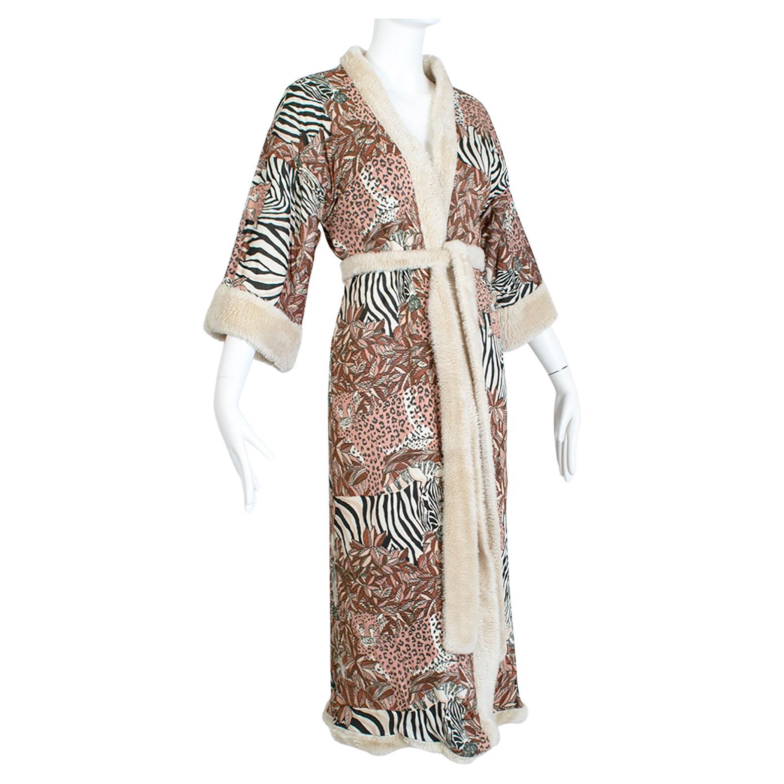 Reversible Ivory Faux Fur Robe w Leonard Paris-Inspired Jungle Lining - M, 1960s For Sale