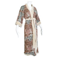 Reversible Ivory Faux Fur Robe w Leonard-Inspired Jungle Print Lining - M, 1960s