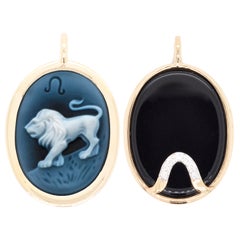 Collana con ciondolo reversibile Leo Carving Cameo Zodiac Diamond in oro 14 carati