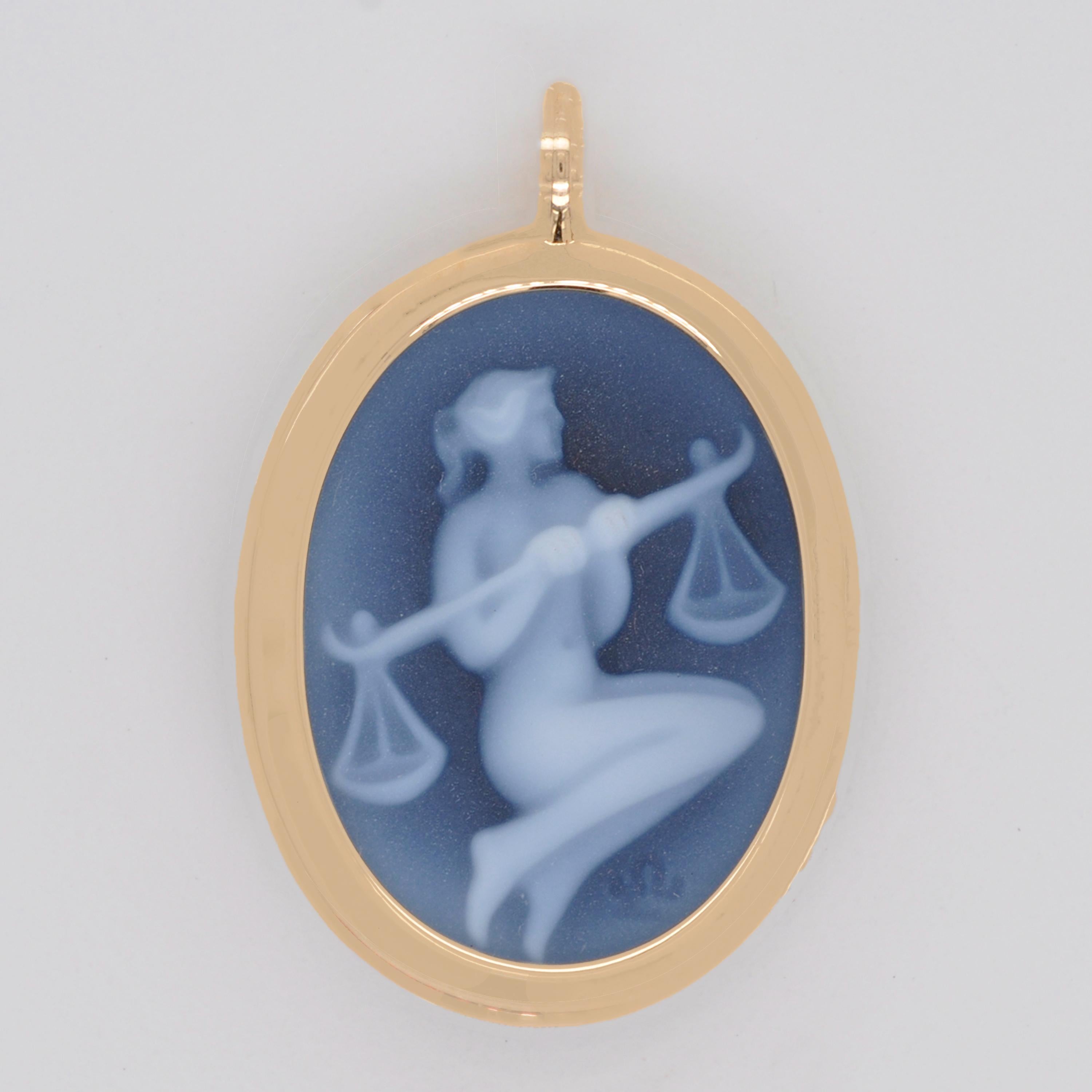 Women's or Men's Reversible Libra Carving Cameo Zodiac Diamond 14 Karat Gold Pendant Necklace For Sale