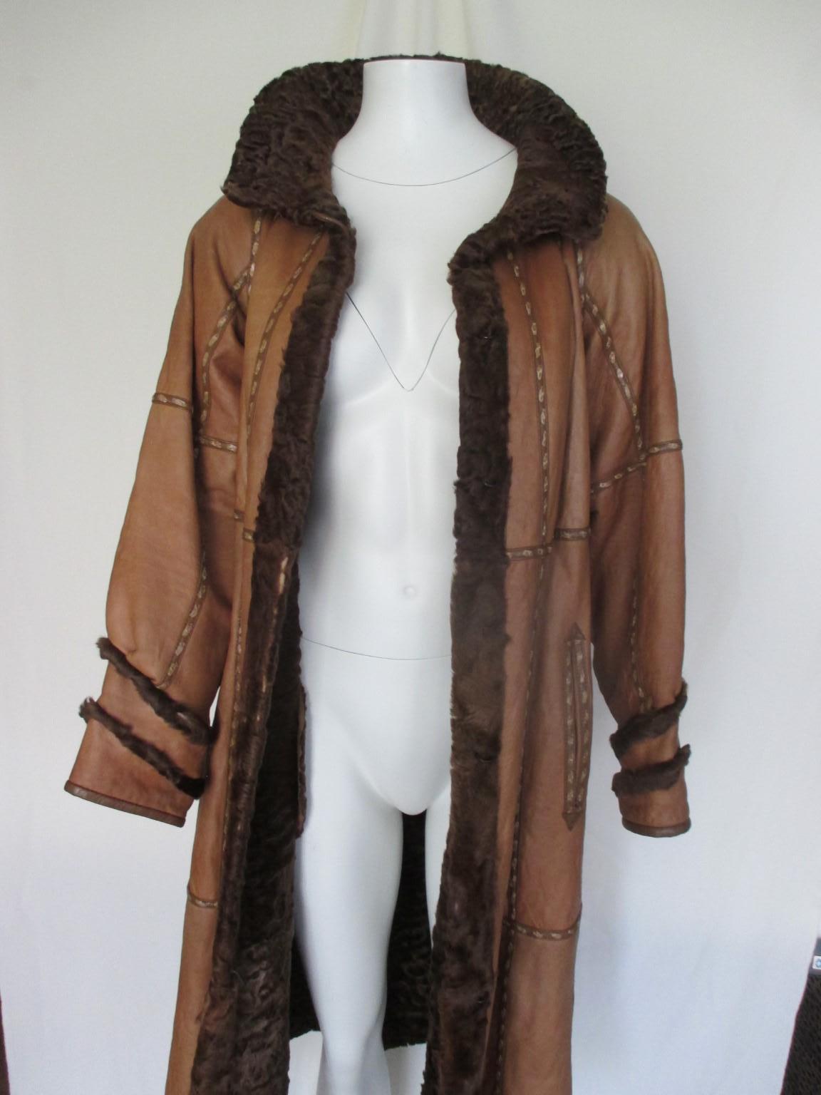 Reversible Long Leather Cognac Broadtail Lamb Fur Coat  For Sale 1