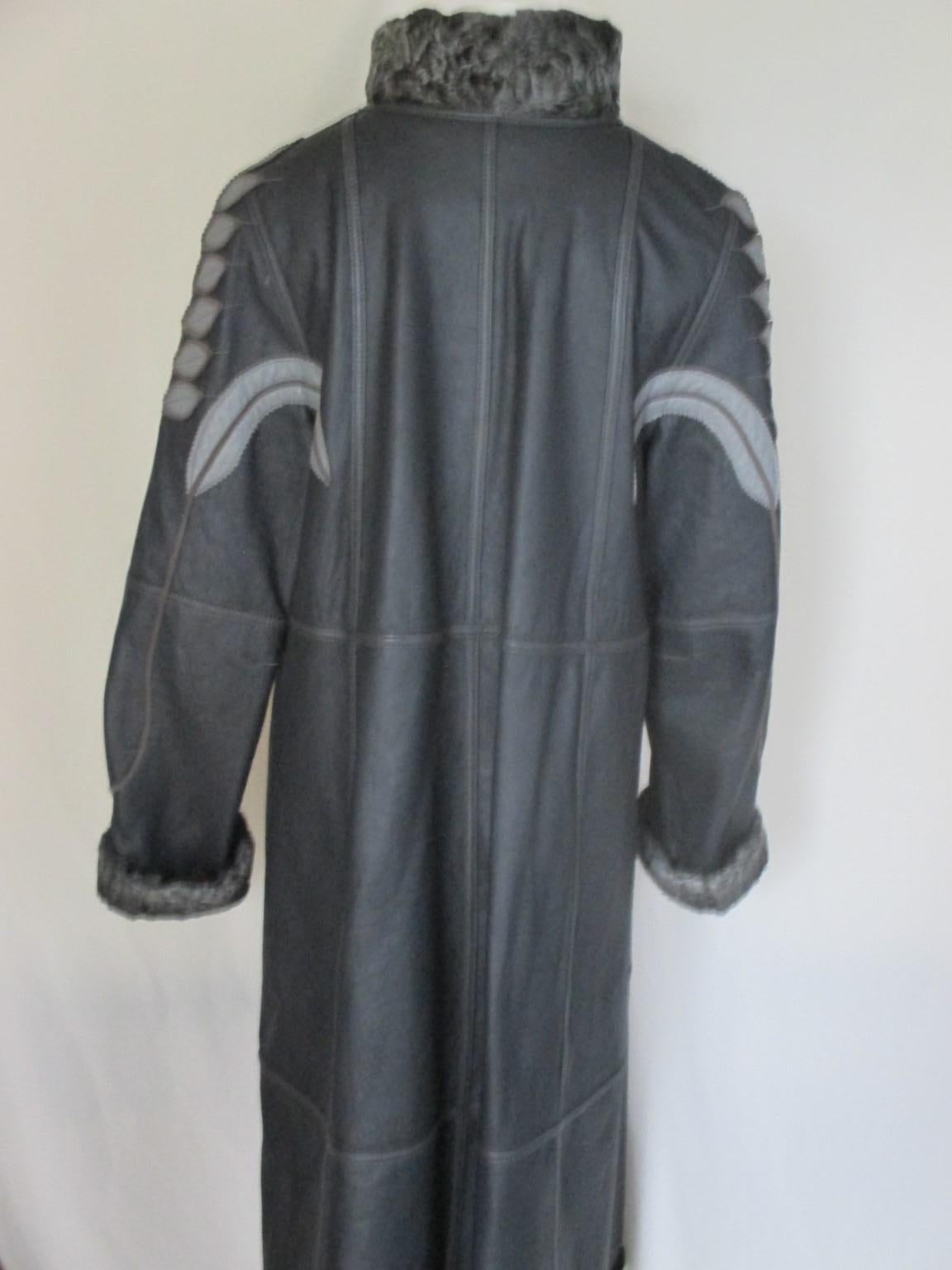 Black Reversible Long Leather Grey Broadtail Lamb Fur Coat  For Sale