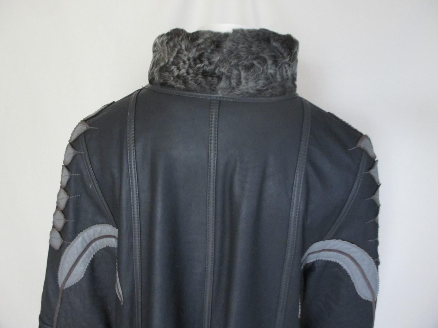 Reversible Long Leather Grey Broadtail Lamb Fur Coat  In Good Condition For Sale In Amsterdam, NL
