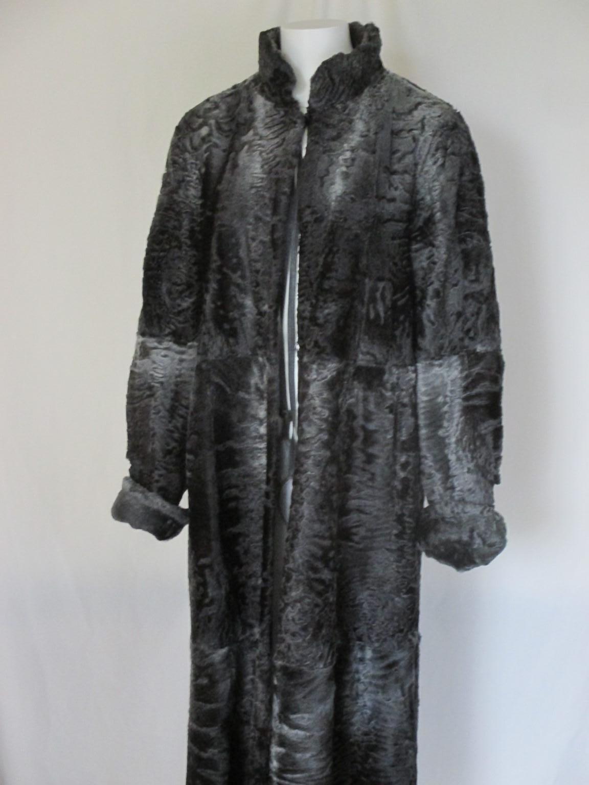 Reversible Long Leather Grey Broadtail Lamb Fur Coat  For Sale 2
