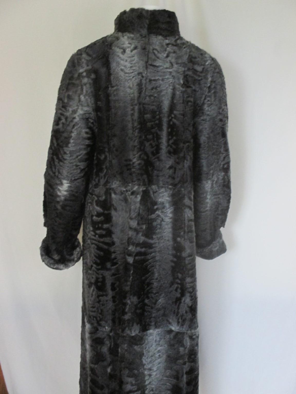 Reversible Long Leather Grey Broadtail Lamb Fur Coat  For Sale 3