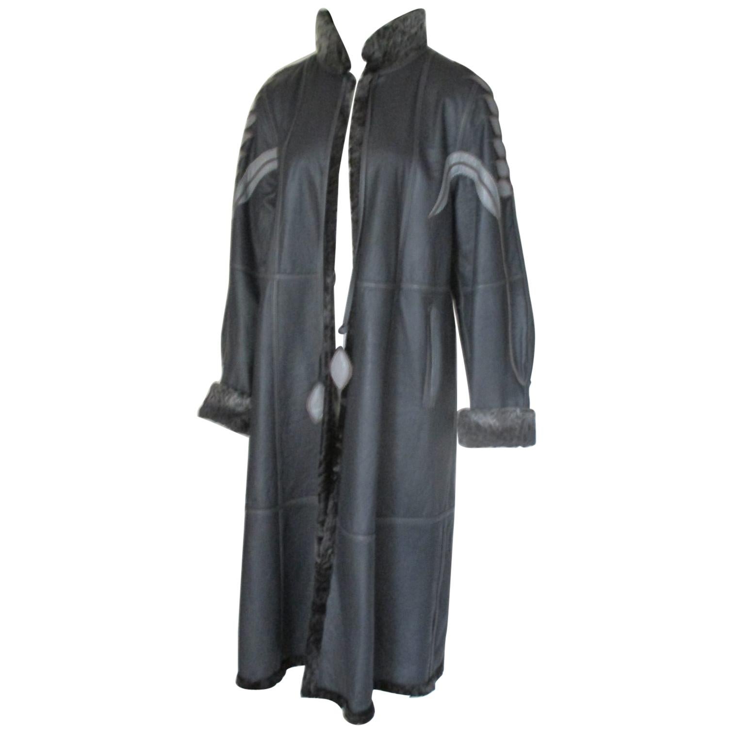Reversible Long Leather Grey Broadtail Lamb Fur Coat 
