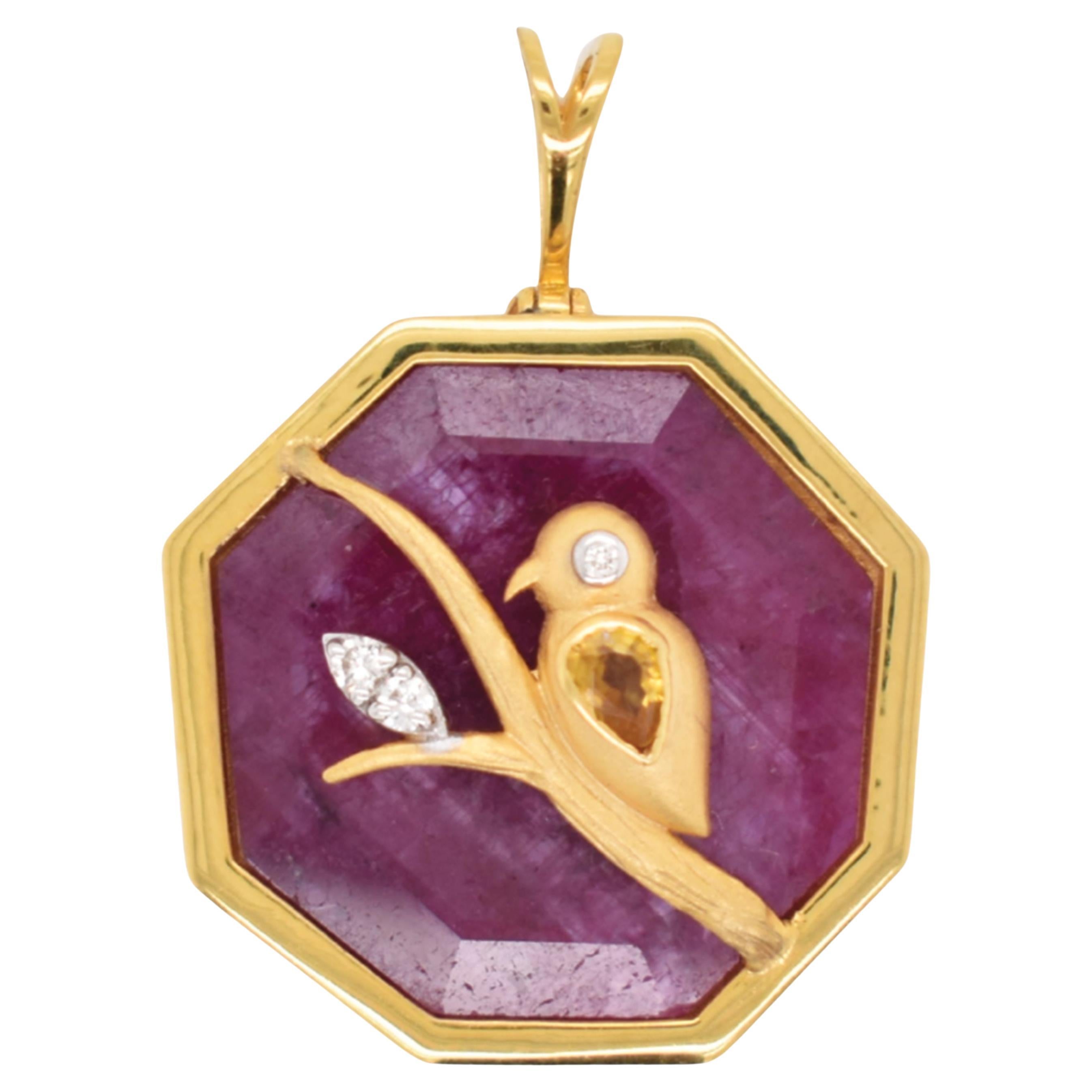 Reversible Octagonal Ruby Pendant Yellow Sapphire Bird Diamond Gold Pendant For Sale