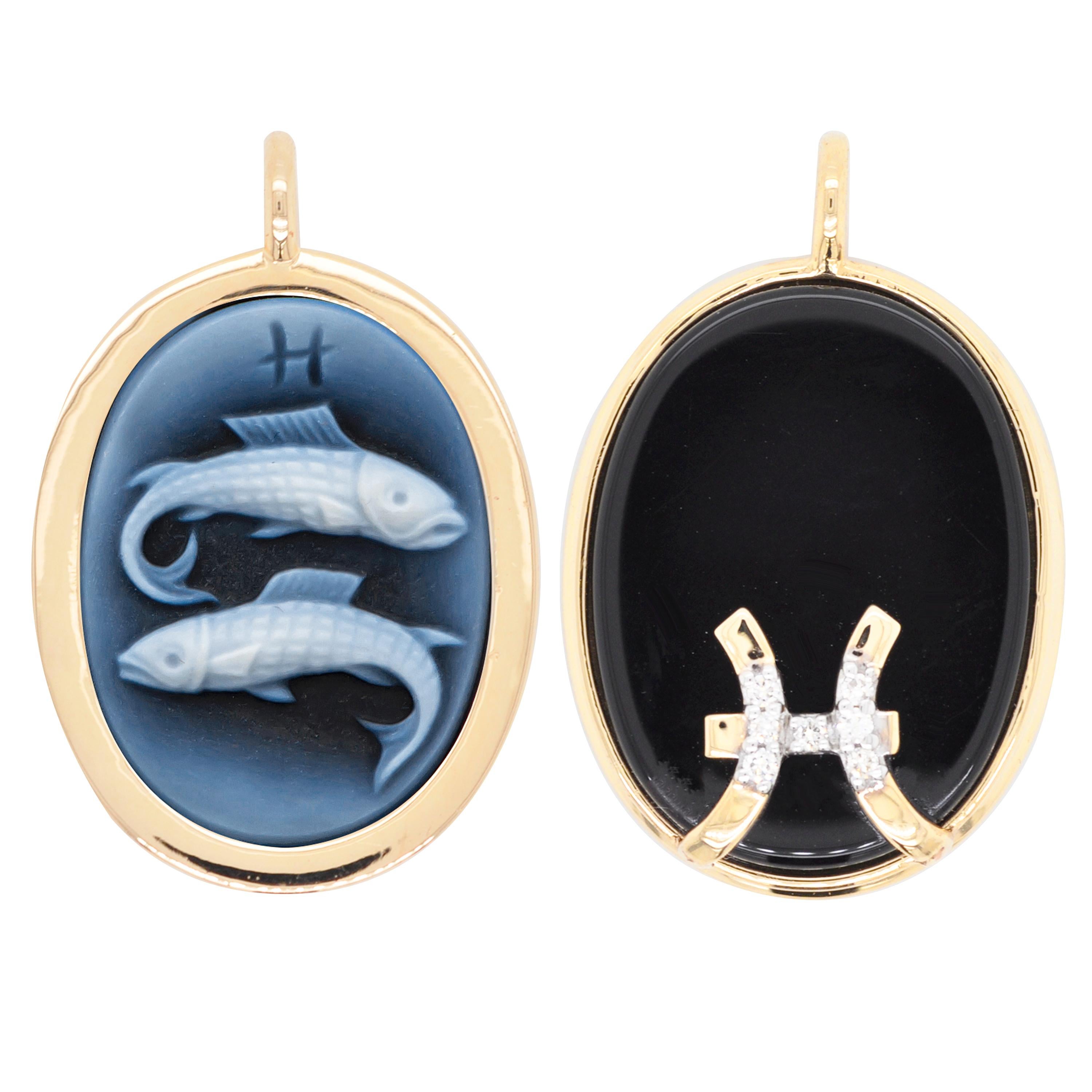 Reversible Pisces Carving Cameo Zodiac Diamond 14 Karat Gold Pendant Necklace For Sale