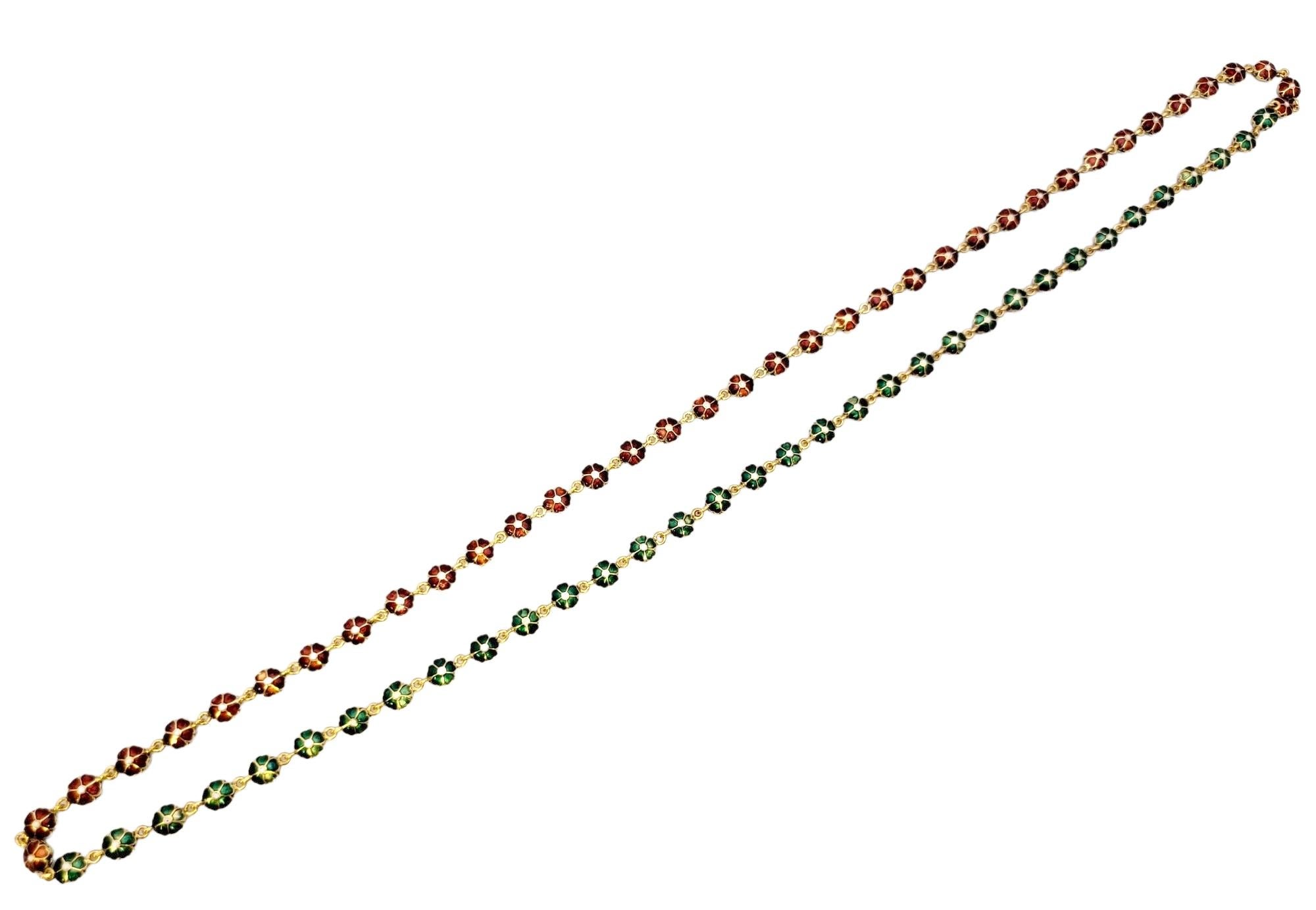 Reversible Red and Green Enamel Flower Link Single Strand Yellow Gold Necklace For Sale 2
