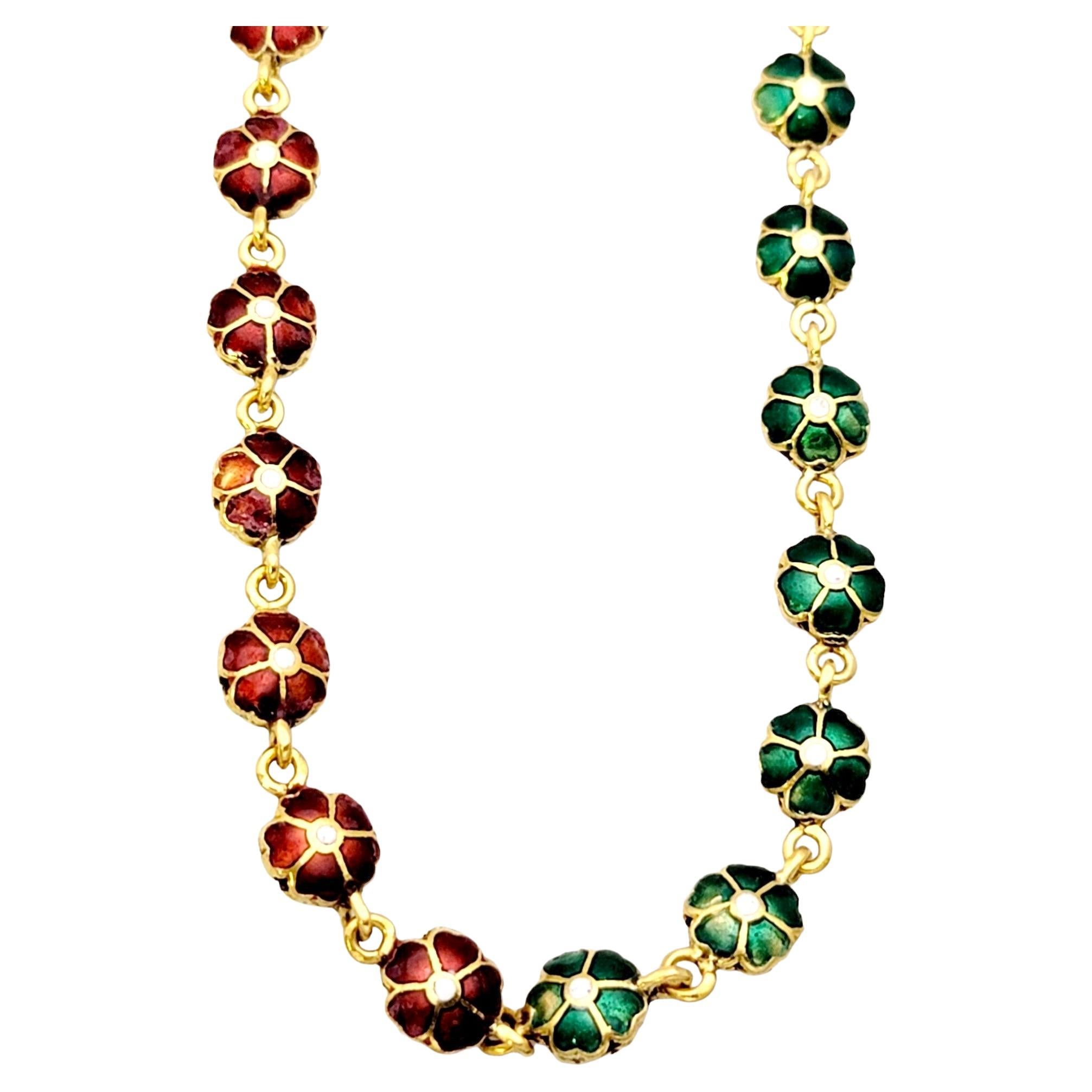 Reversible Red and Green Enamel Flower Link Single Strand Yellow Gold Necklace For Sale