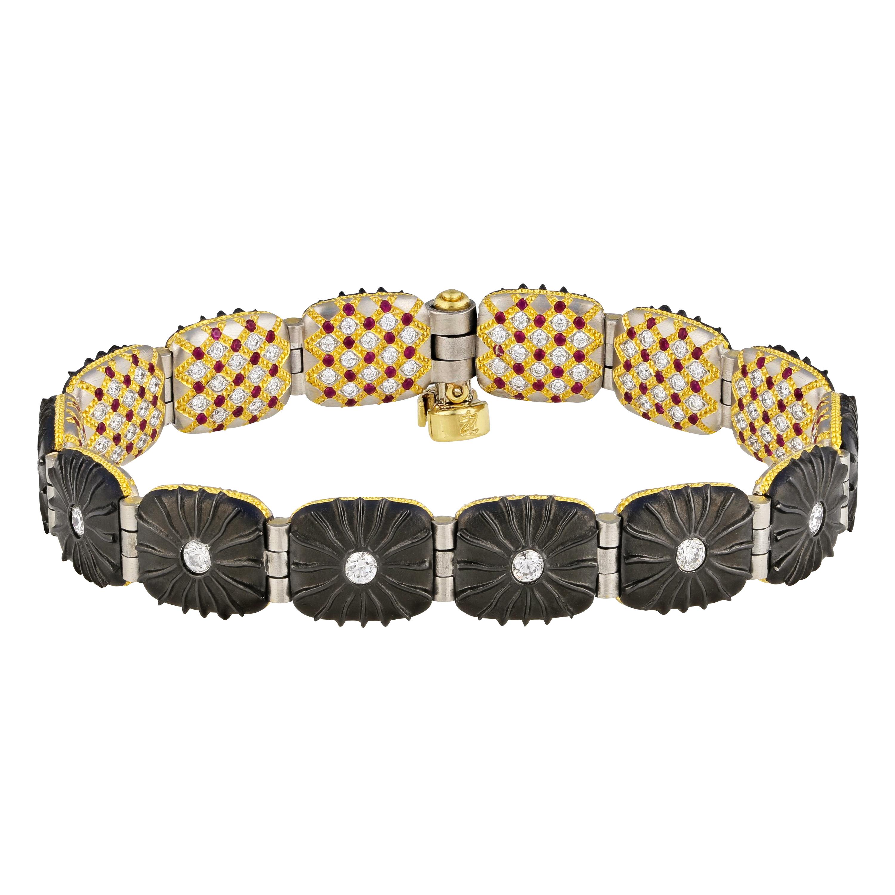 It doesn't get any better than this. A one of a kind reversible bracelet with a casual Knightsteel and Diamond side and a formal elegant Ruby & Diamond tapestry on the other, with a line of 24K Gold shaped inlay between. There are fourteen .05 ct.